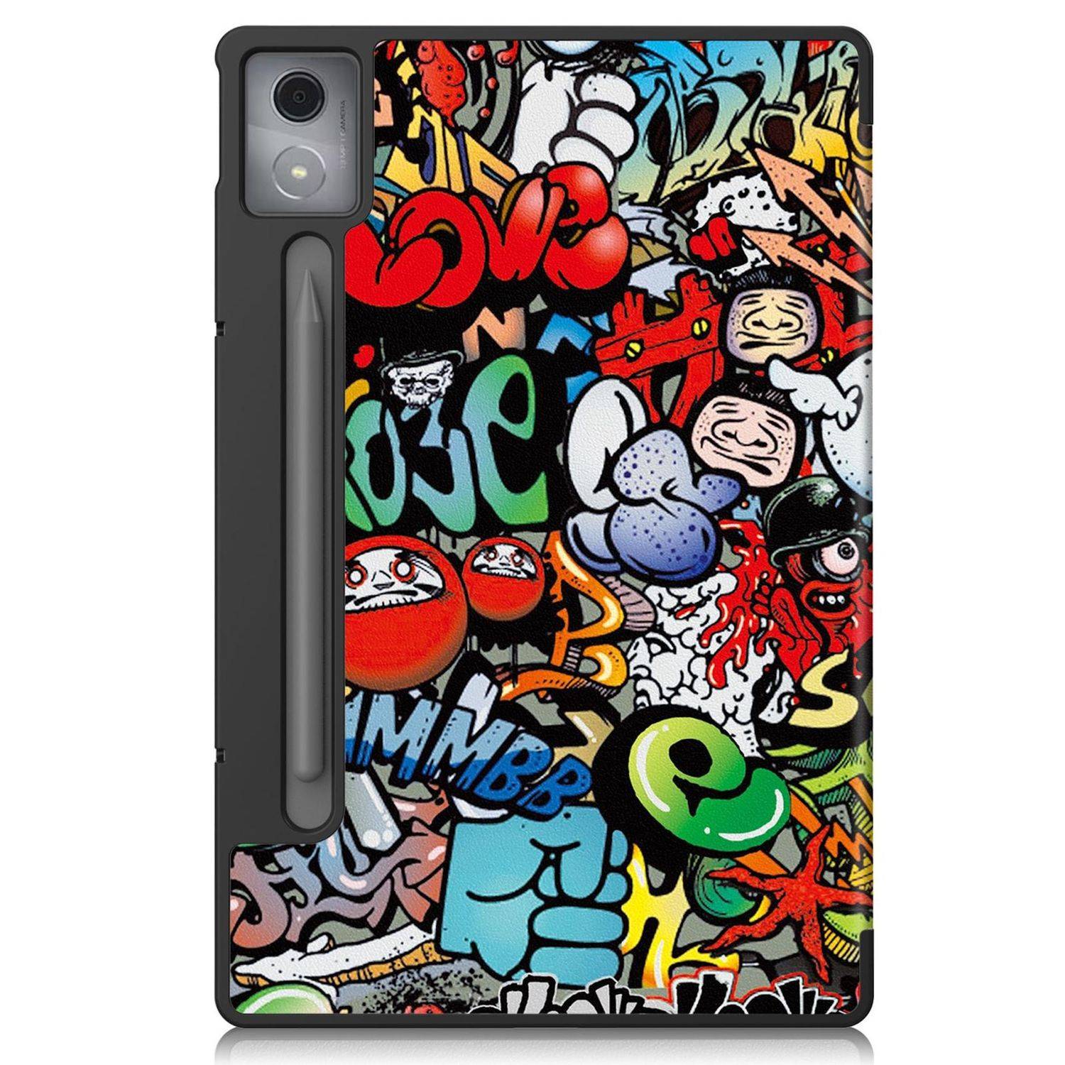 Tablet-Schutzhülle mit Stifthalter und Kameraausschnitt, bedruckt mit bunter Graffiti-ähnlicher Cartoon-Kunst.