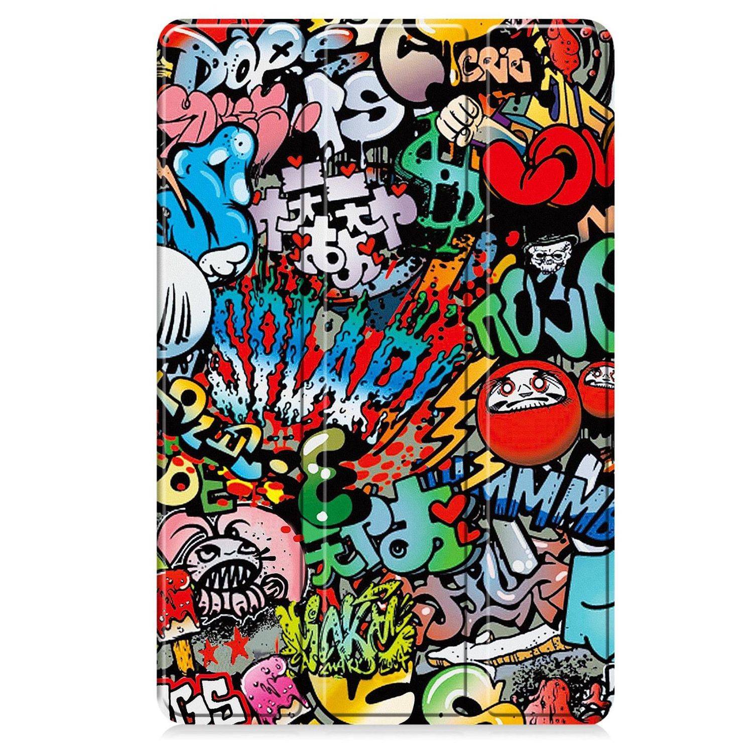 Bunte, mit Graffiti bedeckte Smartphone-Hülle mit mehrschichtiger Comic-Art-Straßenkunst, kühnen Formen und Cartoon-Gesichtern auf schwarzem Hintergrund.