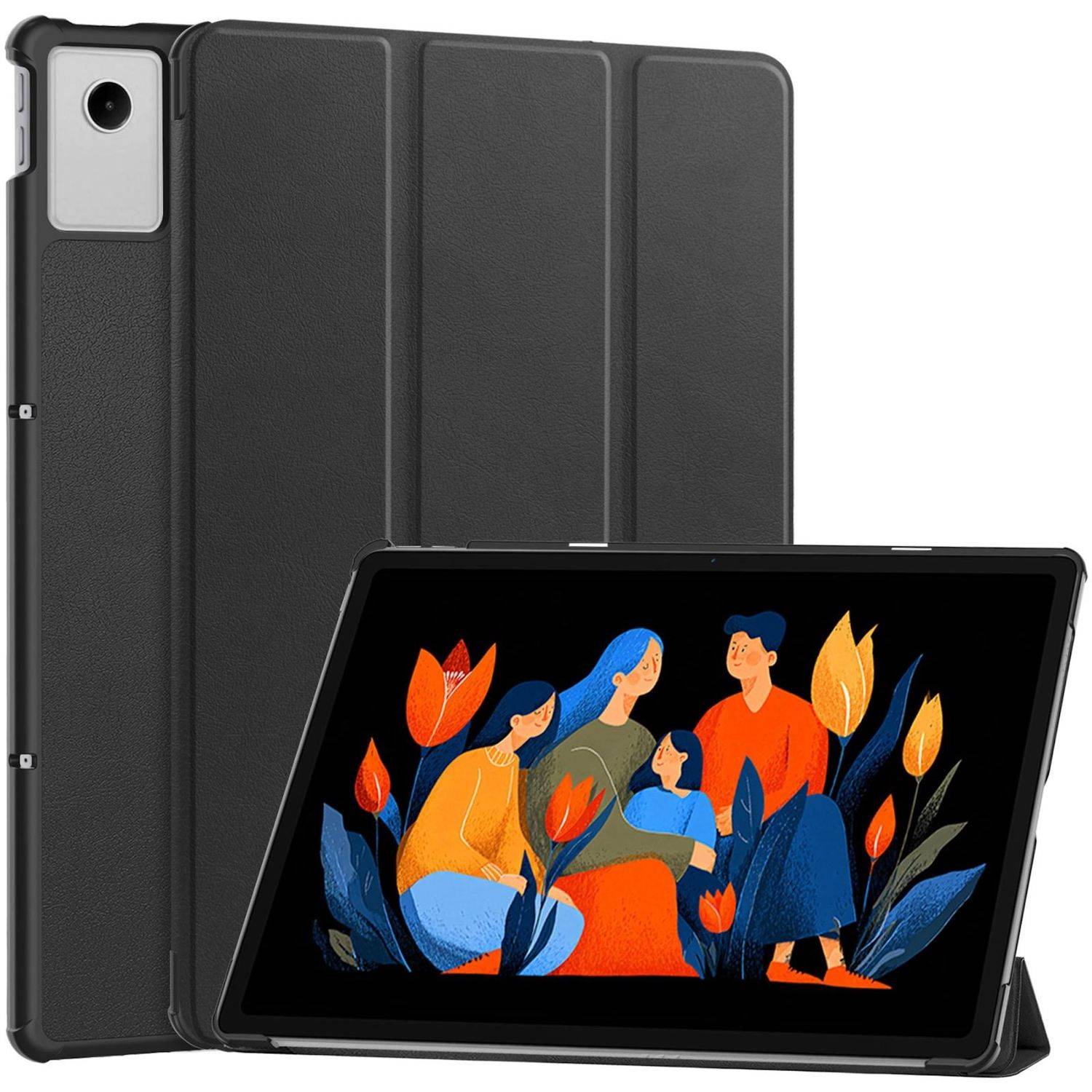 Schwarze Folio-Tablet-Hülle mit Kameraausschnitt, geschlossen und geöffnet dargestellt, um ein Tablet auf seinem Ständer mit buntem Familienkunstwerk auf dem Bildschirm anzuzeigen.