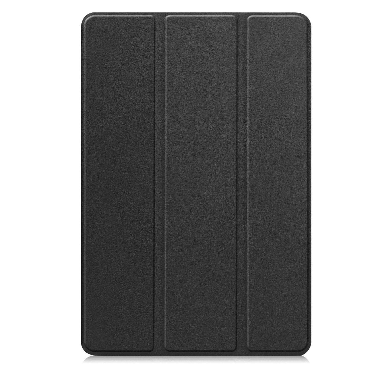 Schwarze strukturierte Tablet-Schutzhülle mit drei vertikalen Paneelbereichen und abgerundeten Ecken, in Vorderansicht auf weißem Hintergrund dargestellt.