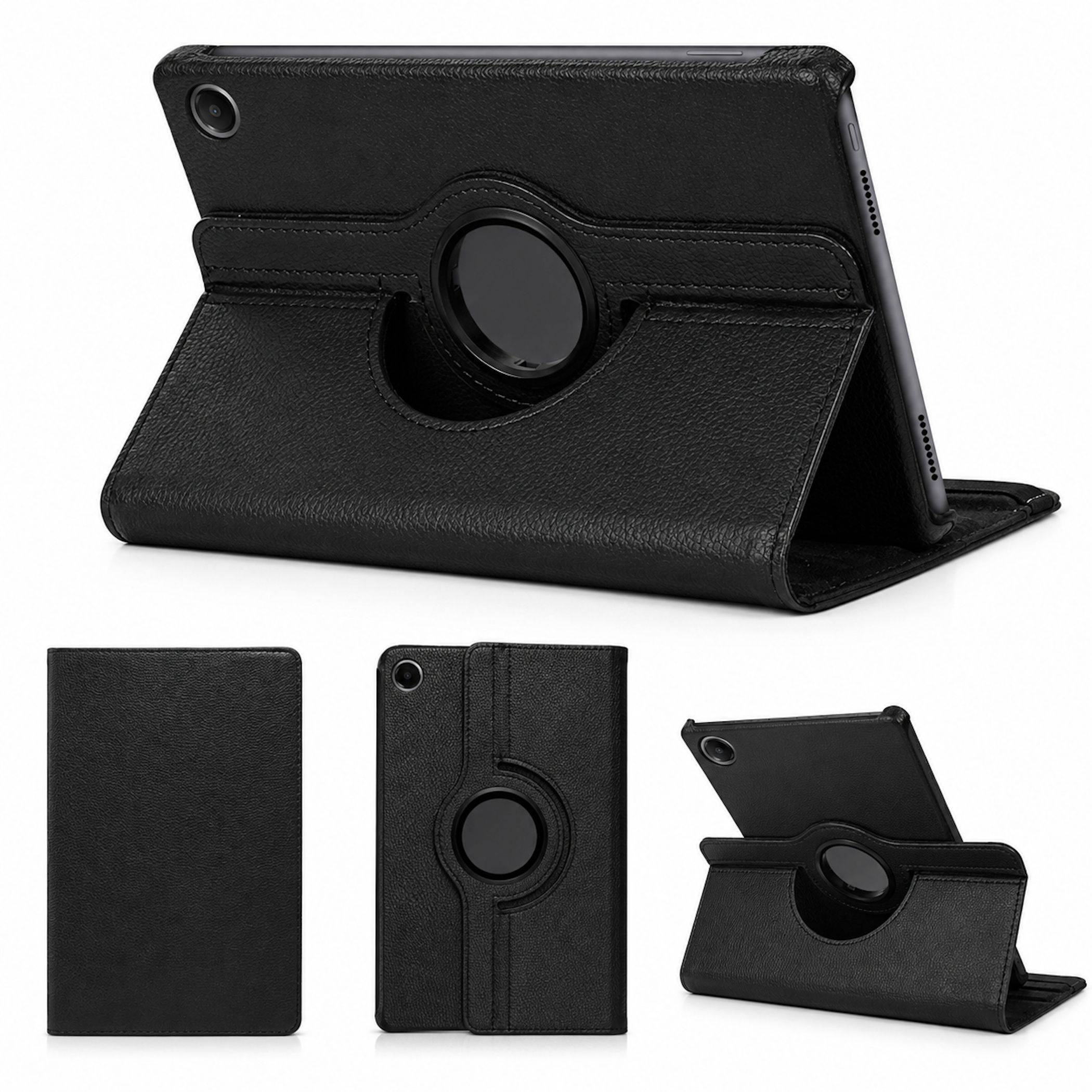 Schwarze Tablet-Schutzhülle geöffnet mit Ständer und kreisförmiger Aussparung, sowie Vorder-, Rück- und schräge Ansichten darunter.