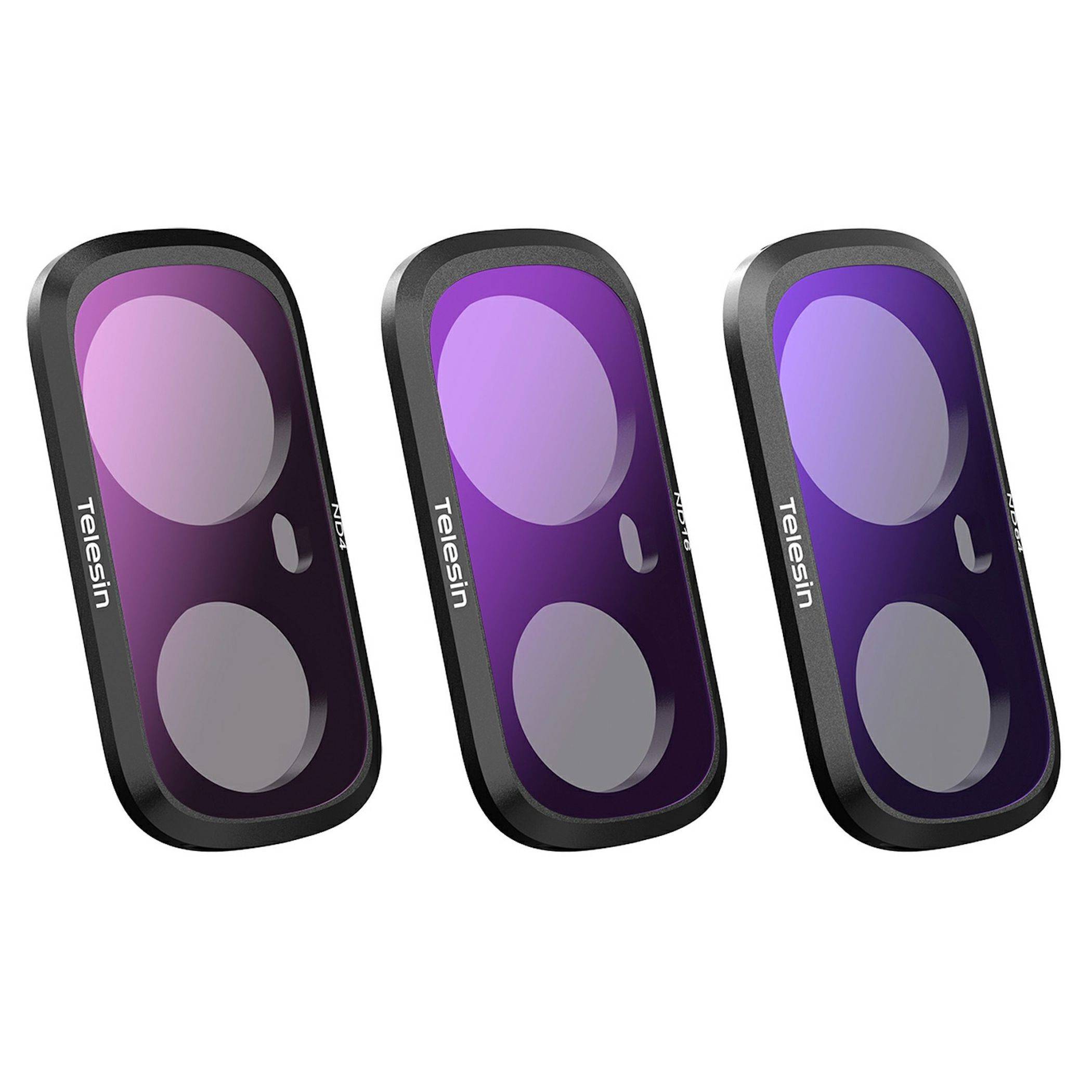 Drei Telesin-Kameraobjektivabdeckungen in Violetttönen, nebeneinander auf weißem Hintergrund angezeigt.