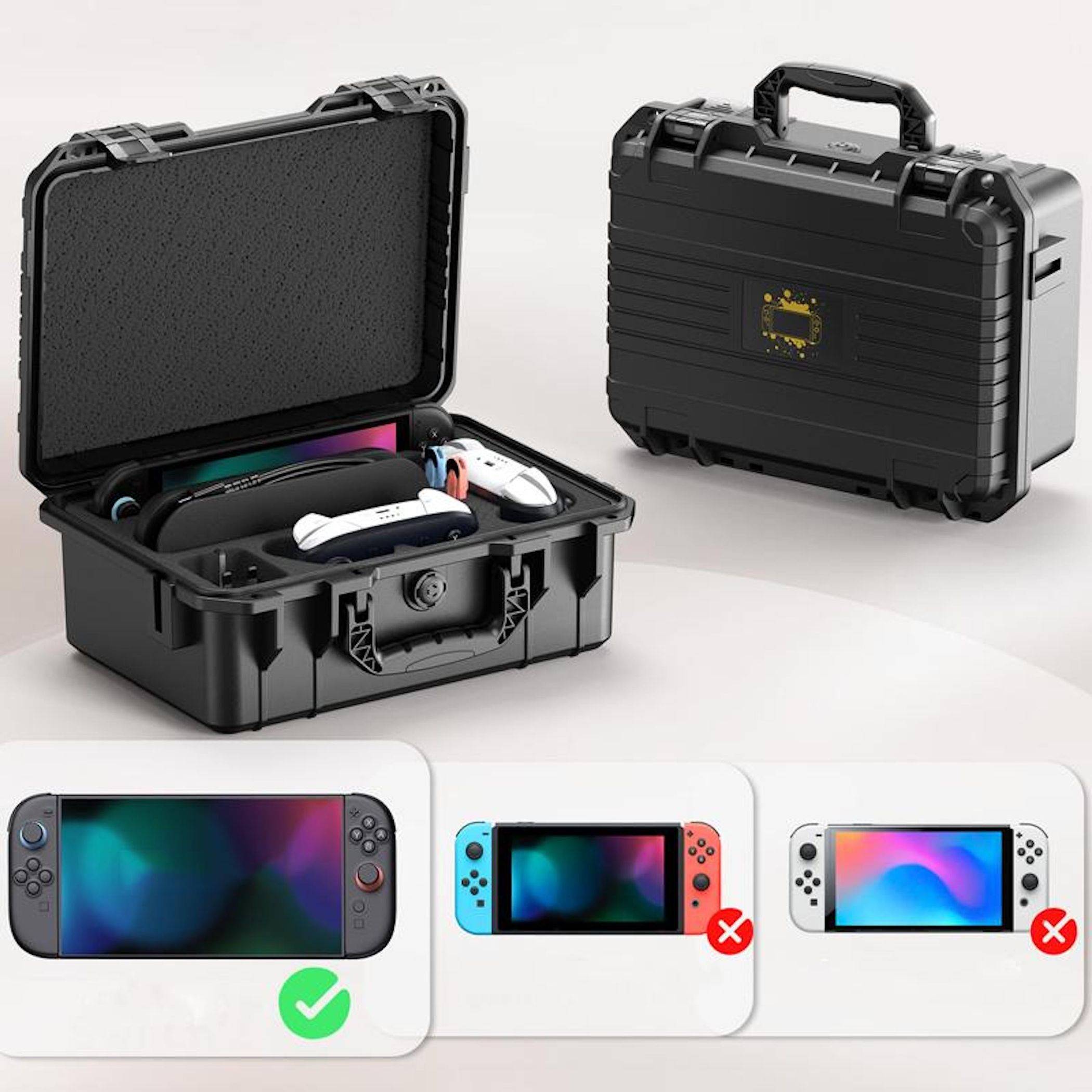 Schutzhülle aus hartem Material für eine Nintendo Switch mit angepasstem Schaumstoff-Innenleben, zeigt die offene Hülle mit Konsole und Zubehör sowie die geschlossene Hülle; Symbole unten markieren die vollständige Switch als kompatibel und Lite/OLED als inkompatibel.