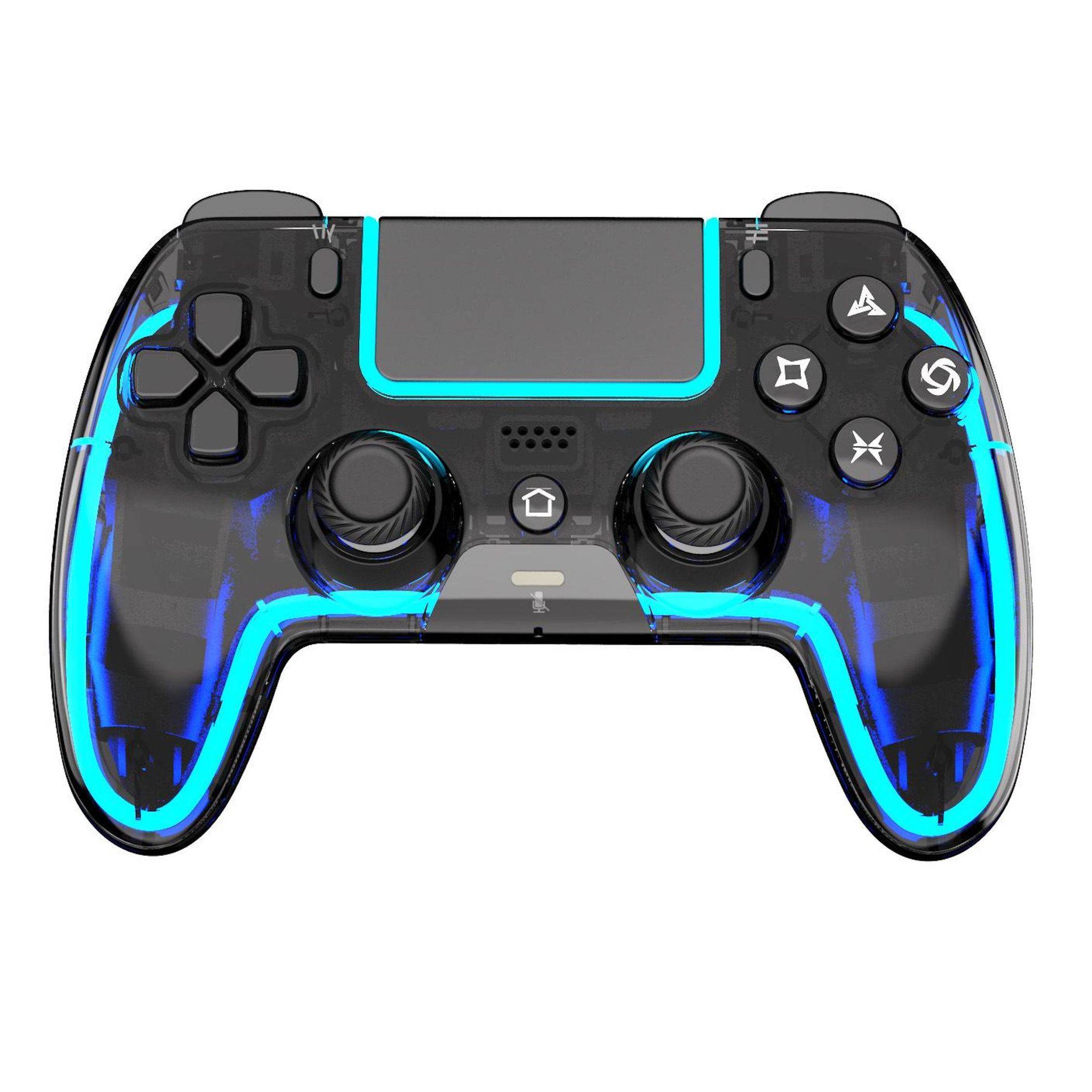 Schwarzer kabelloser Spielecontroller mit blauem LED-Rand, dualen Joysticks, D-Pad und Aktionstasten auf weißem Hintergrund.