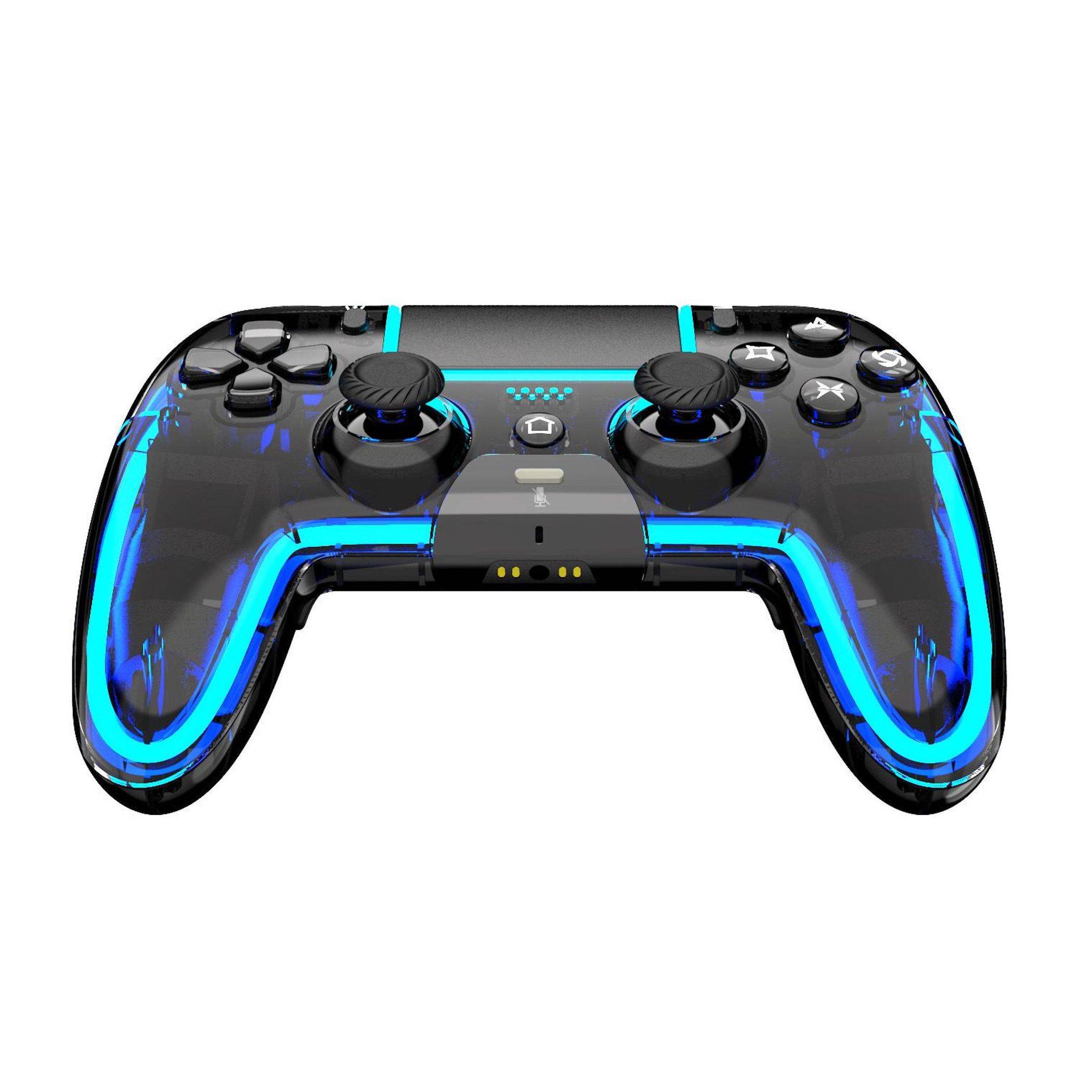 Schwarzer Spiele-Controller mit blauen LED-Akzenten, dualen analogen Sticks, D-Pad und Aktionstasten auf weißem Hintergrund.
