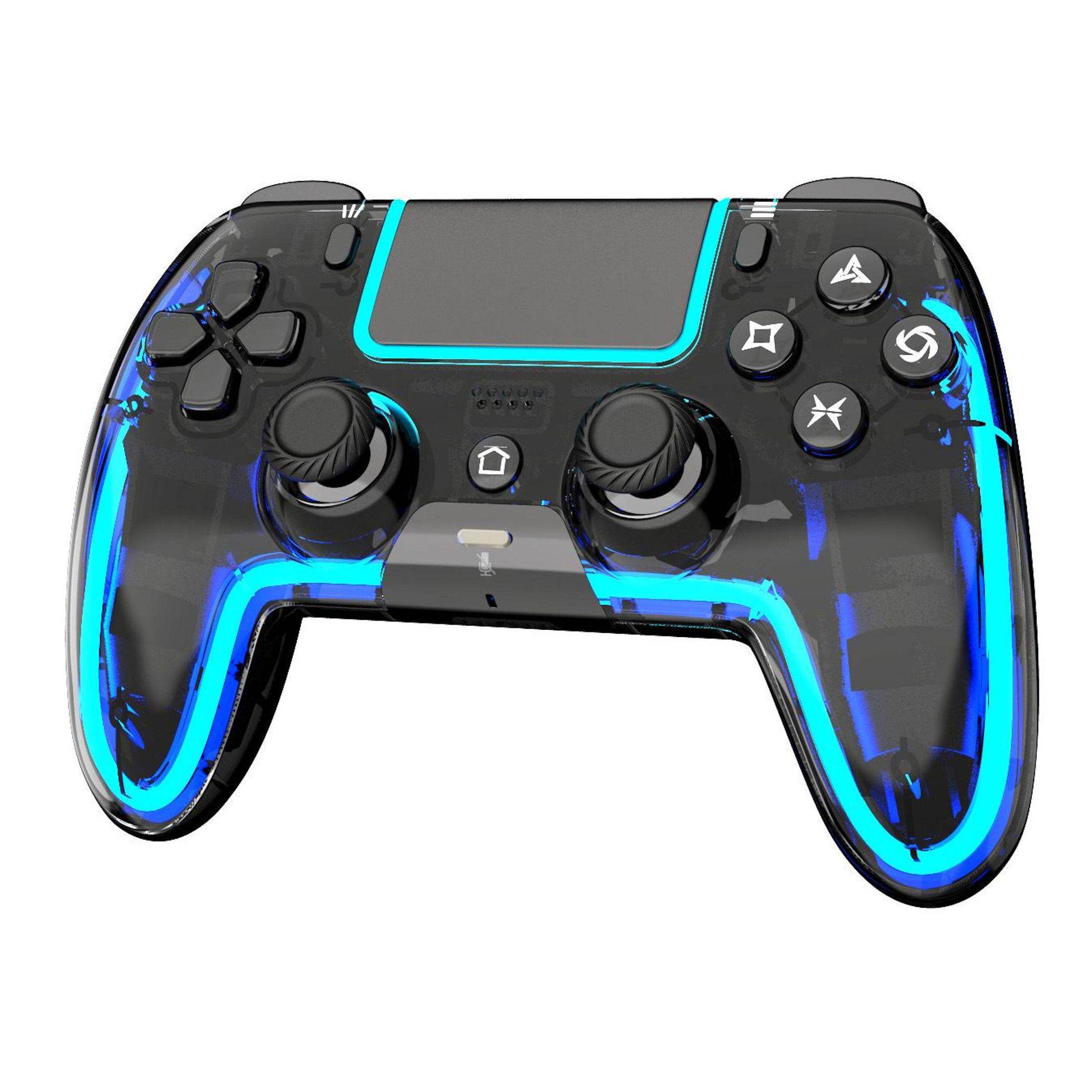Schwarzer kabelloser Spielecontroller mit blauen LED-ähnlichen Akzenten, doppelten Joysticks, D-Pad und Aktionstasten auf weißem Hintergrund.