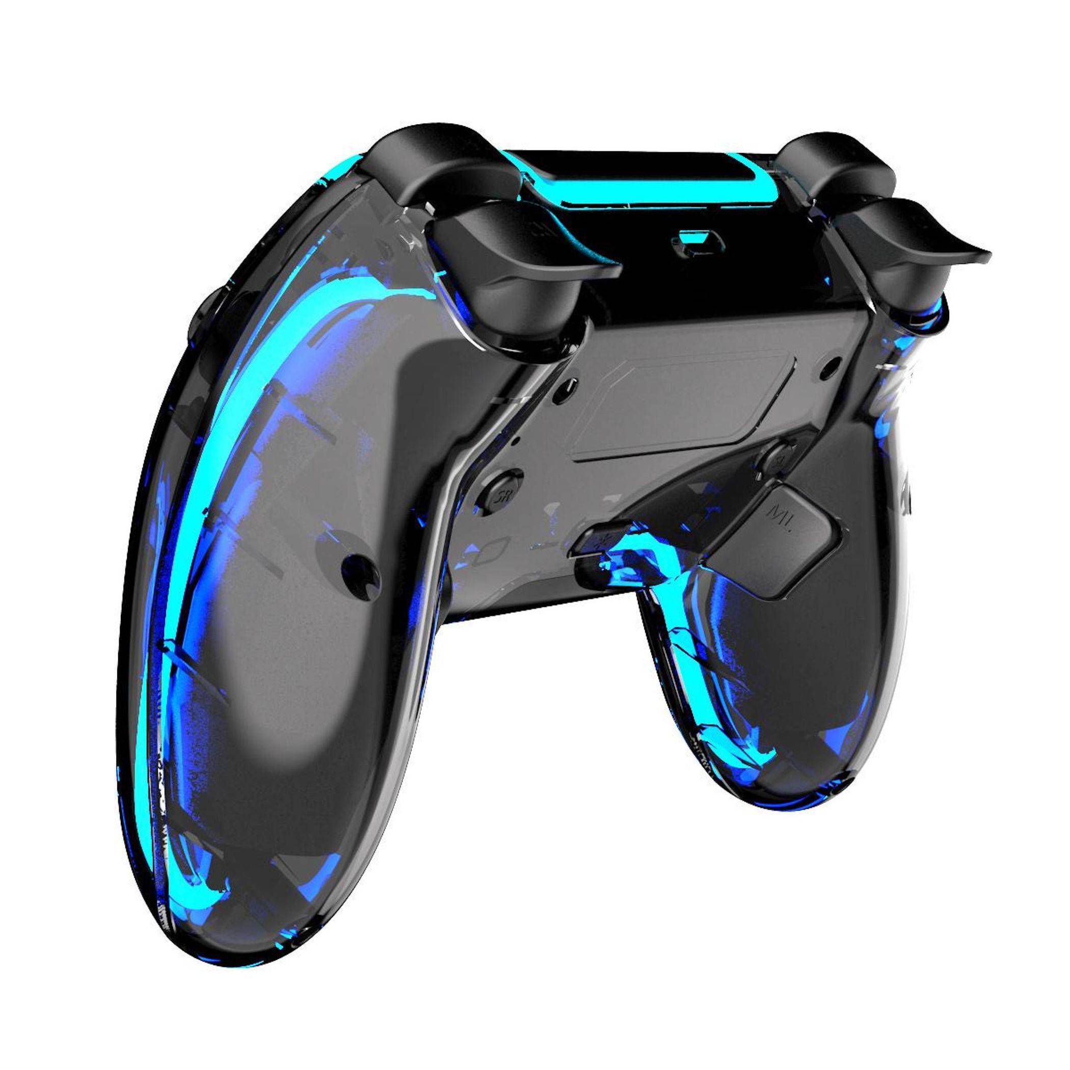 Schwarzer und durchscheiniger Gamecontroller mit leuchtend blauen Akzenten, von hinten auf weißem Hintergrund dargestellt.