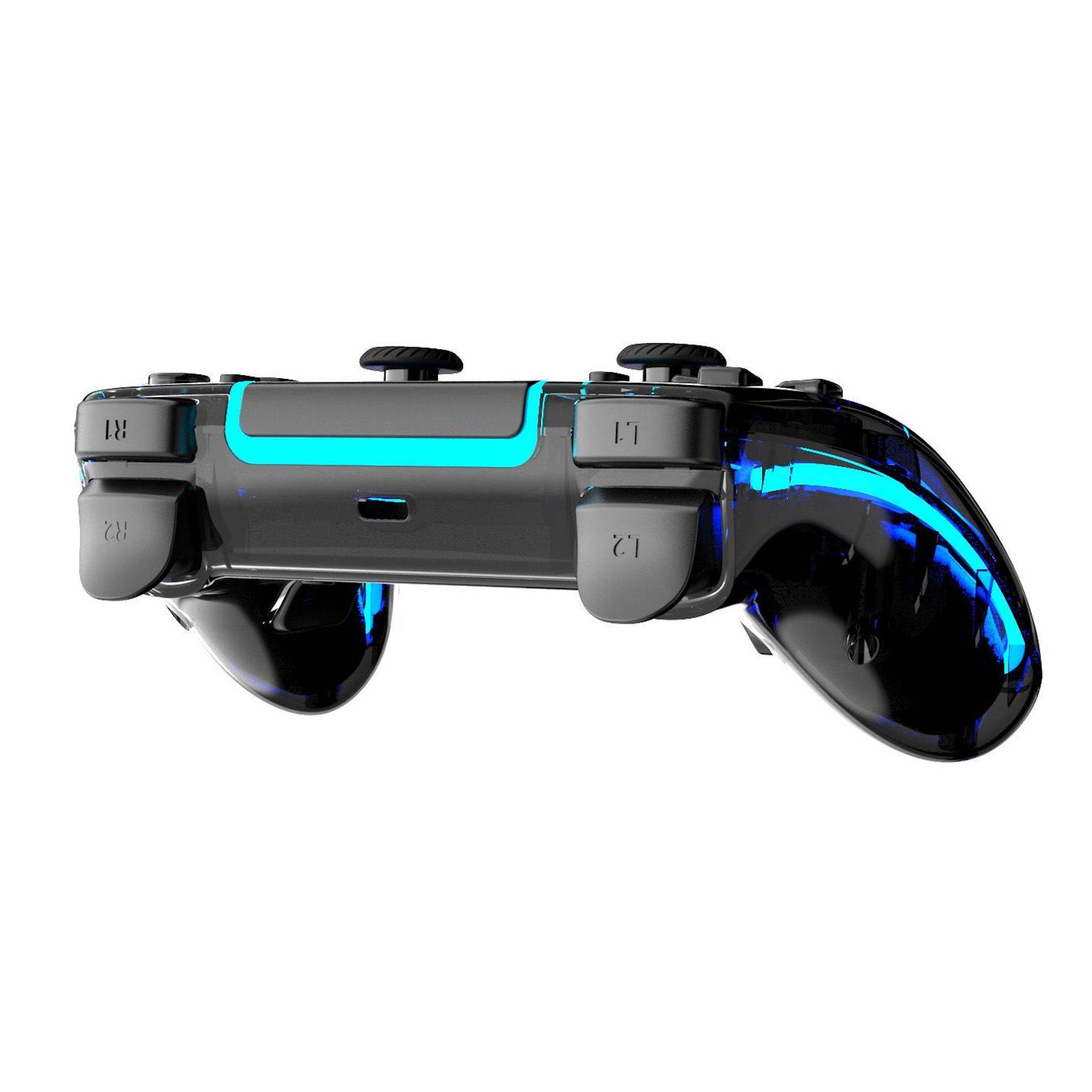 Schwarzer Spiele-Controller von unten betrachtet, mit cyan-farbigen Lichtakzenten und sichtbaren analogen Sticks und Schultertasten.