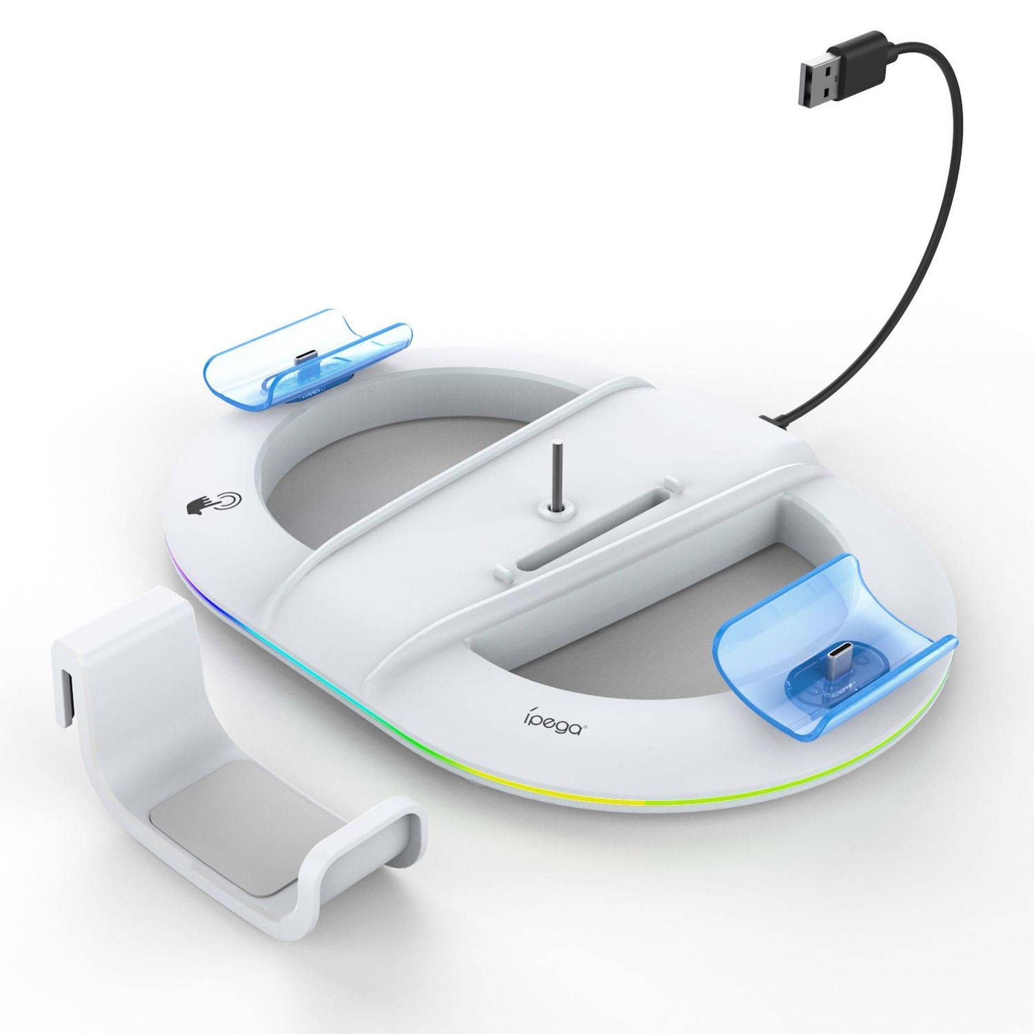 Weißes ringförmiges USB-Ladedock mit zwei blauen Clips, einem zentralen Schlitz und einem angeschlossenen Kabel, gezeigt auf einem einfachen Hintergrund.