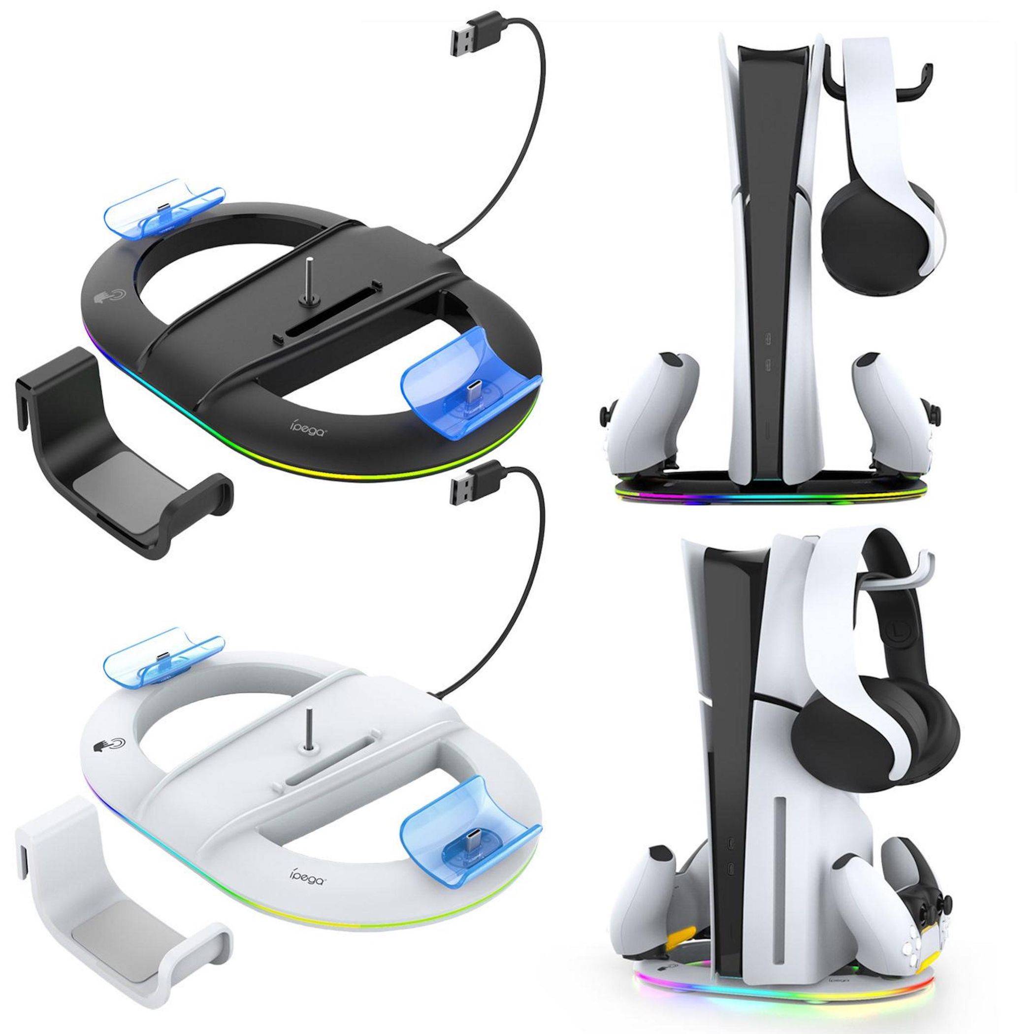 Darstellungen einer PS5-Controller-Ladestation in Schwarz und Weiß, die magnetische Controller-Steckplätze, ein USB-Kabel und einen vertikalen Konsolenständer mit Kopfhörerhaltern zeigen.
