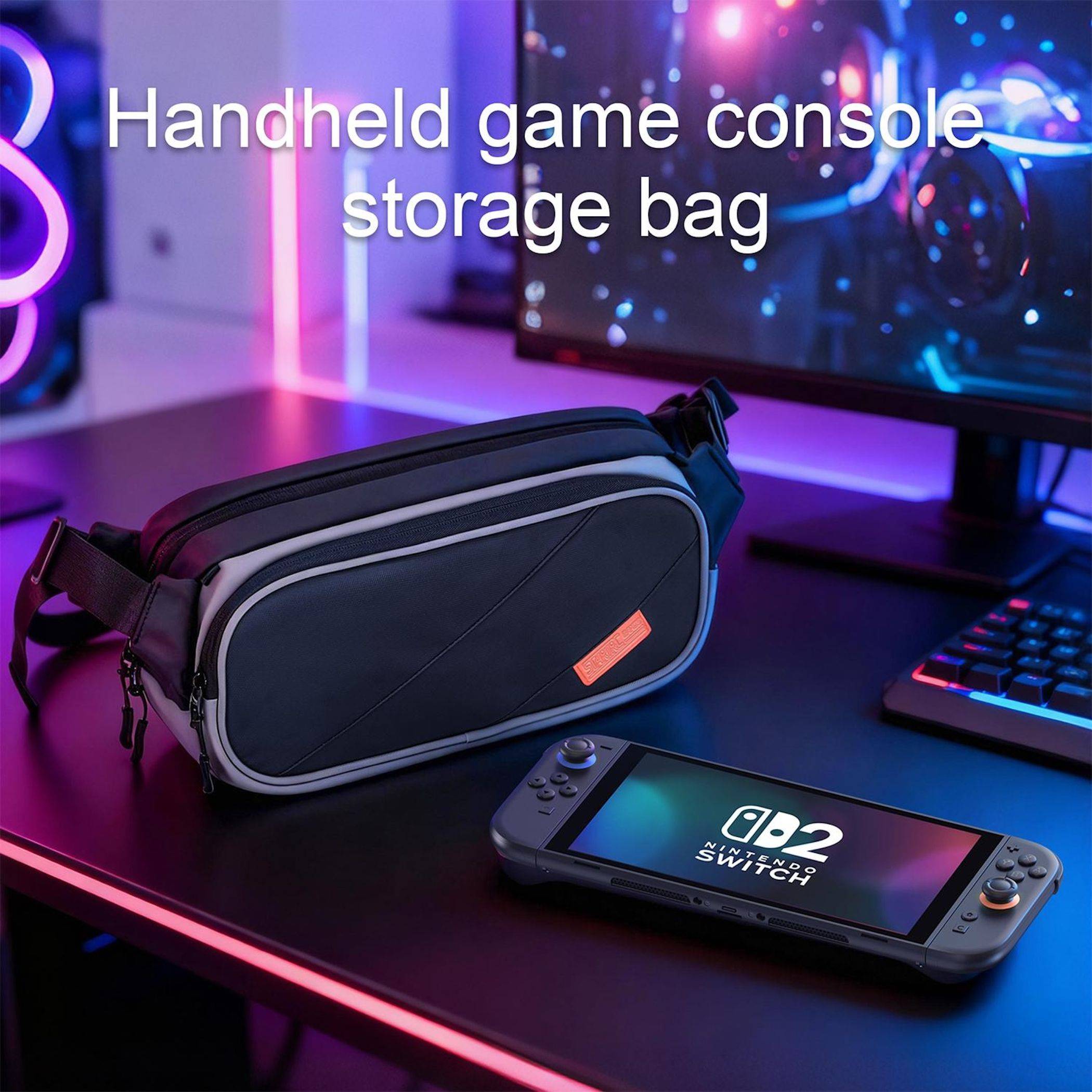 Schwarze Tragetasche für tragbare Spielkonsolen auf einem Gaming-Schreibtisch neben einer Nintendo-Switch-ähnlichen Konsole, mit dem Text „Tragetasche für tragbare Spielkonsolen