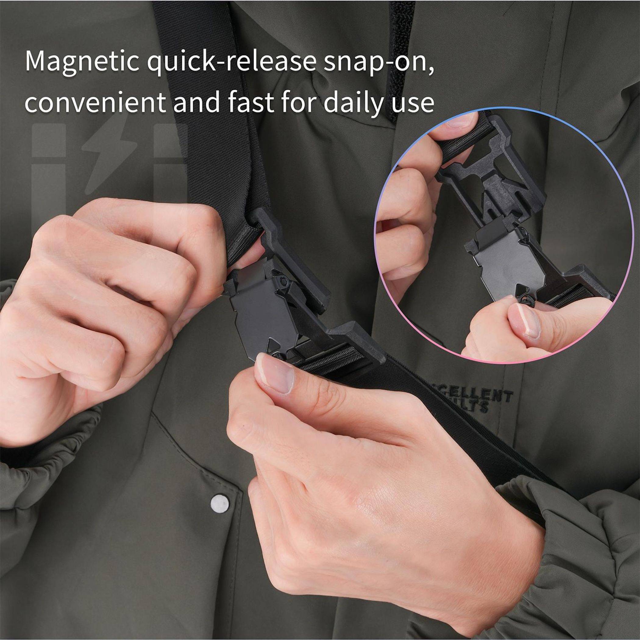 Hände befestigen einen magnetischen Schnellverschluss-Magnetclip an einer dunklen Jacke, mit einer Nahaufnahme im Inset, die den Befestigungsmechanismus zeigt.