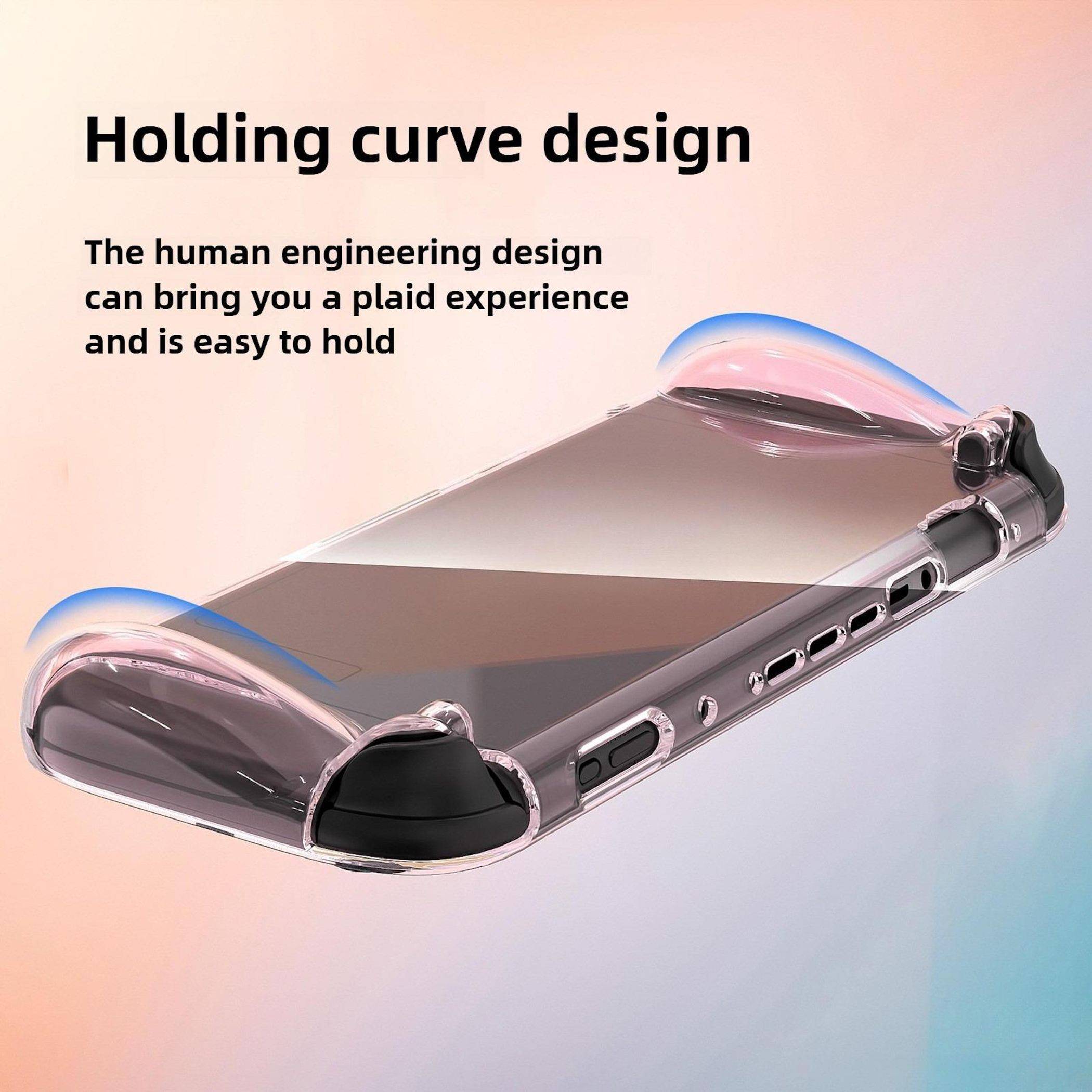 Werbebild einer transparenten Handyhülle mit abgerundeten Griffecken, mit dem Titel „Holding curve design