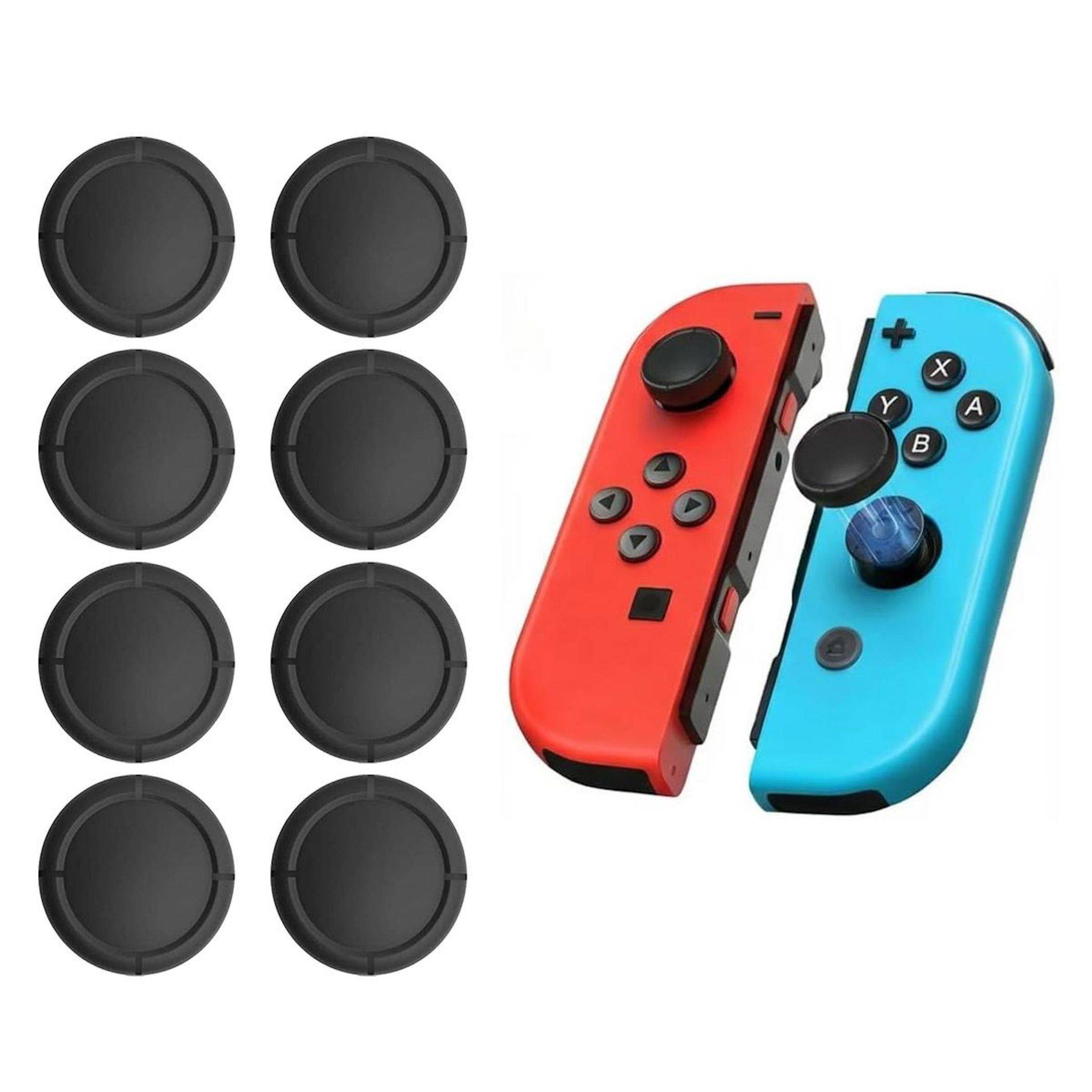 Paar roter und blauer Spiele-Controller-Griffe mit acht schwarzen analogen Stick-Kappen auf weißem Hintergrund.