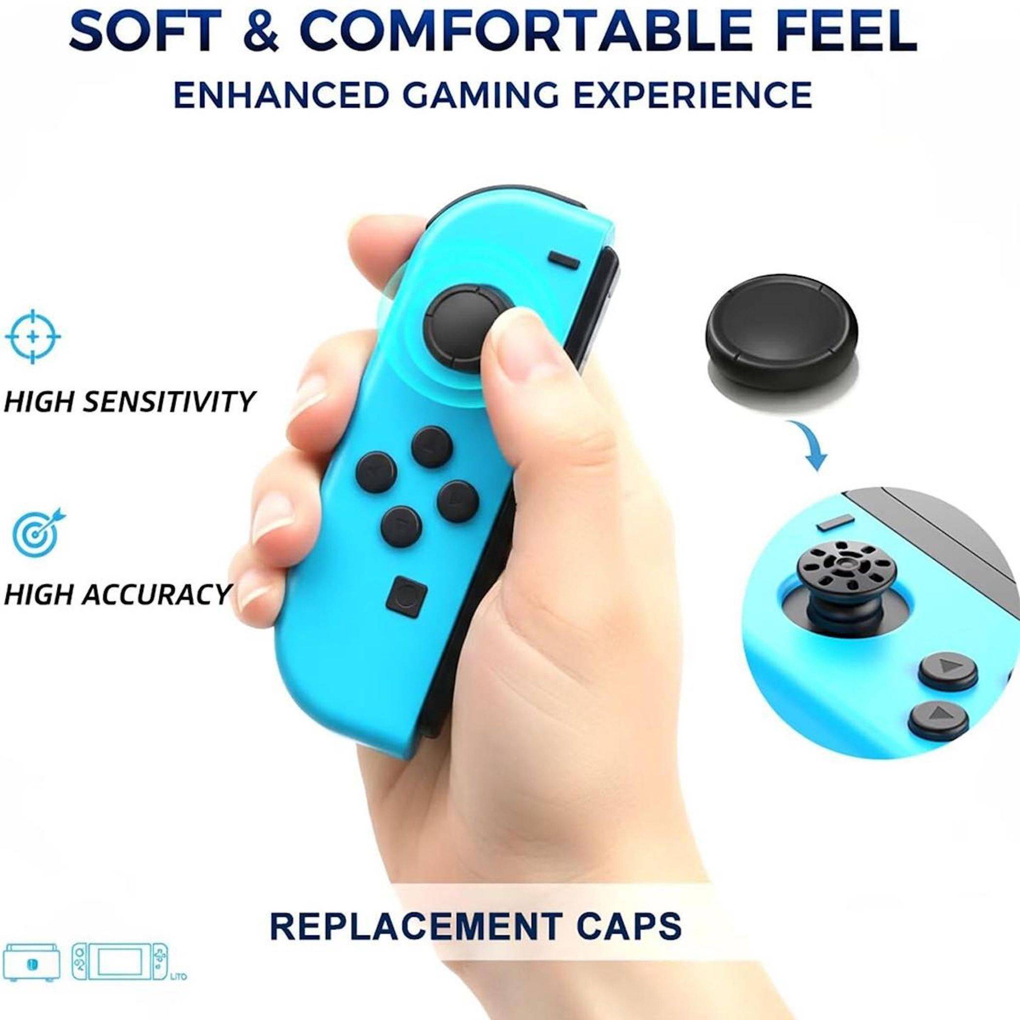 Werbebild einer Hand, die ein blaues Spiel-Controller-Zubehör hält, mit der Beschriftung „Weiches und komfortables Gefühl