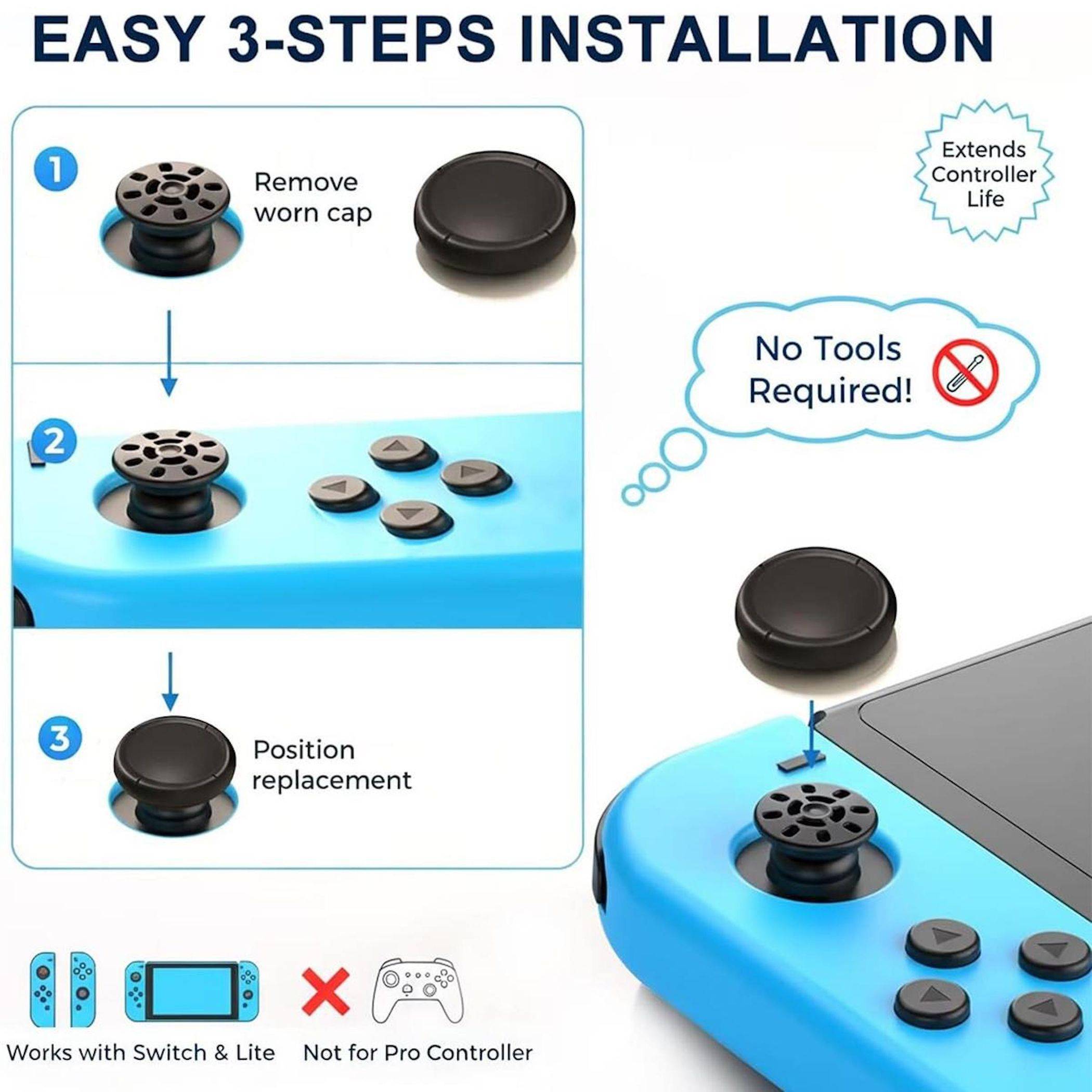 Anleitung zur Installation einer Ersatzkappe für ein Spiel-Controller-Zubehör: 3 Schritte zur Installation einer Ersatzkappe, mit „Keine Werkzeuge erforderlich