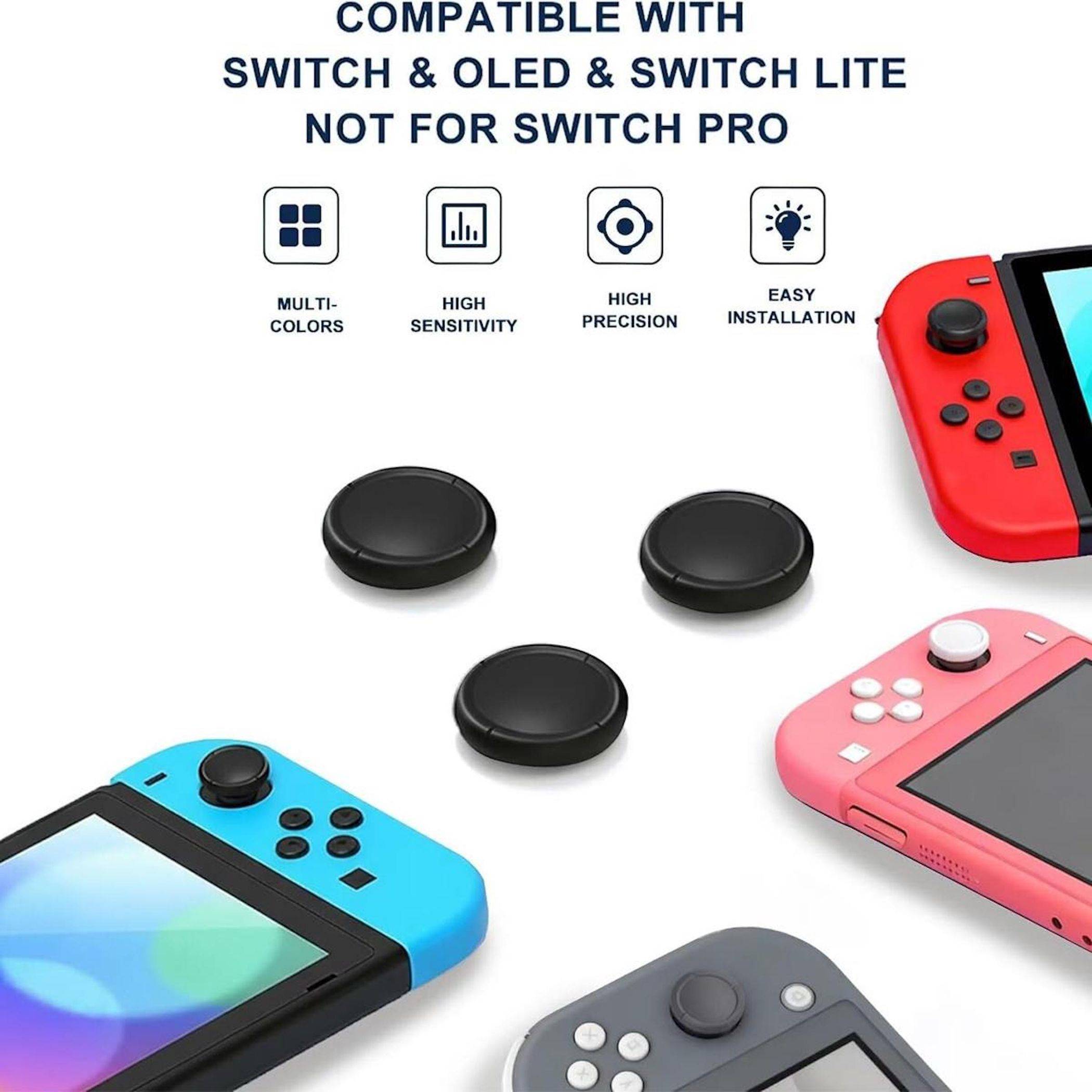 Produktgrafik zeigt schwarze Joystick-Kappen, die mit Switch, OLED und Switch Lite kompatibel sind, mit Symbolen für mehrere Farben, hohe Empfindlichkeit, hohe Präzision und einfache Installation.