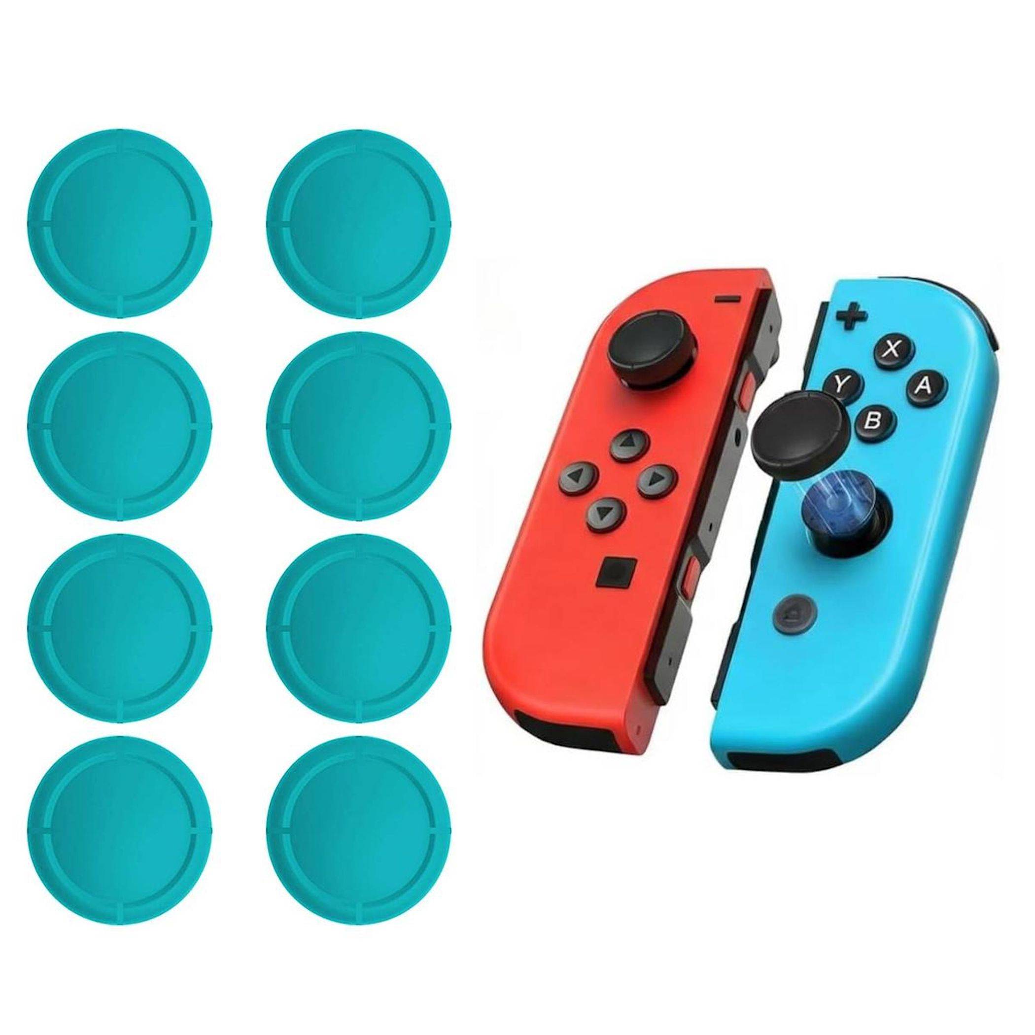 Rote und blaue Nintendo Switch Joy-Con-Controller mit Thumbstick-Kappen neben acht türkisfarbenen Silikonkappen.