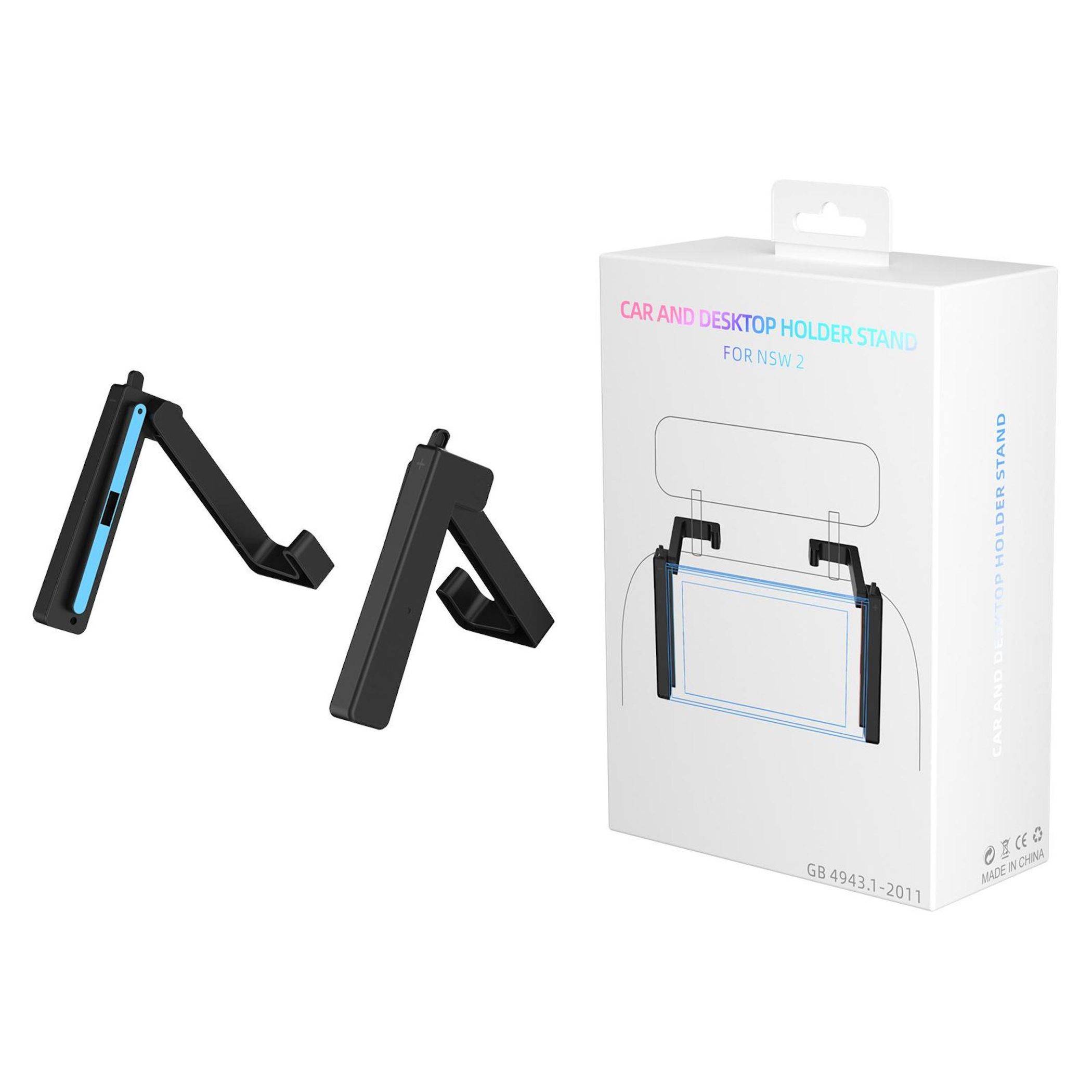 Zusammenklappbare schwarze und blaue Autotelefonhalterung und Desktop-Ständer neben seiner Einzelhandelsverpackung abgebildet.