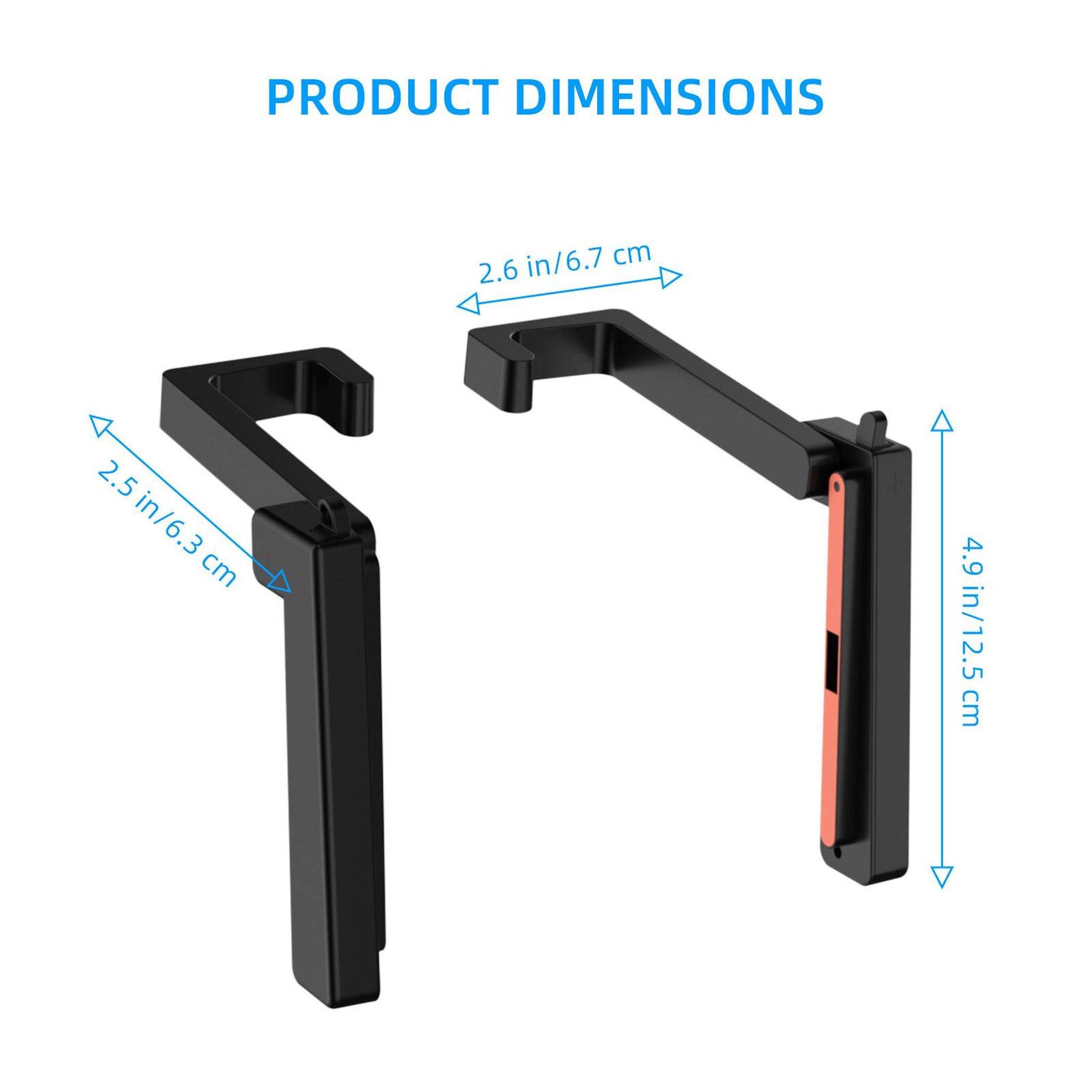 Produktabmessungen eines schwarzen Clip-on-Geräts: 6,7 cm breit, 12,5 cm hoch und 6,3 cm tief (oder 2,6 Zoll breit, 4,9 Zoll hoch und 2,5 Zoll tief).