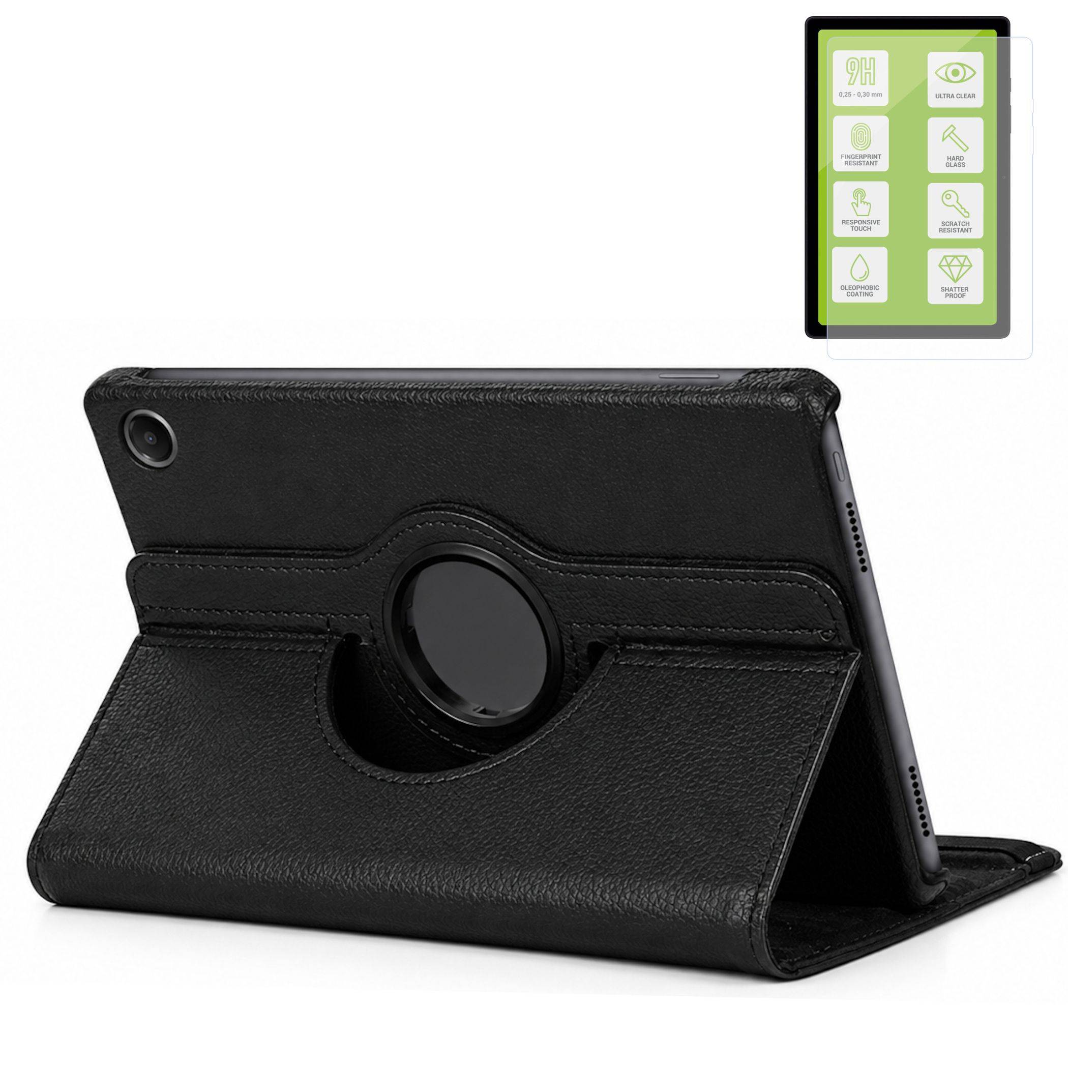 Schwarzes Folio-Tablet-Etui mit rundum drehbarem Ständer, geöffnet auf einem Tablet vor weißem Hintergrund gezeigt.