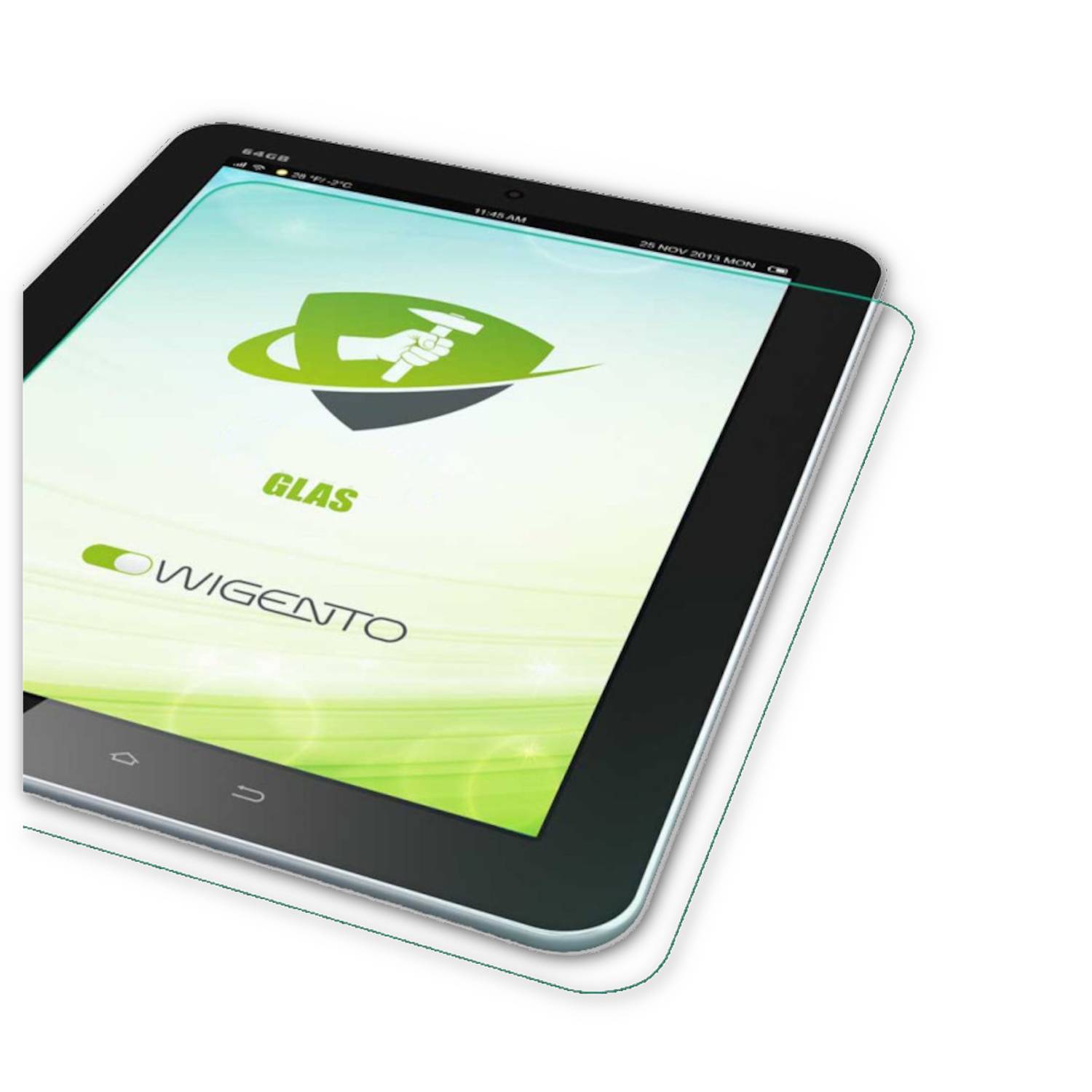 Angewinkeltes Tablet mit einer Displayschutzfolie-Anzeige mit den Logos „GLAS