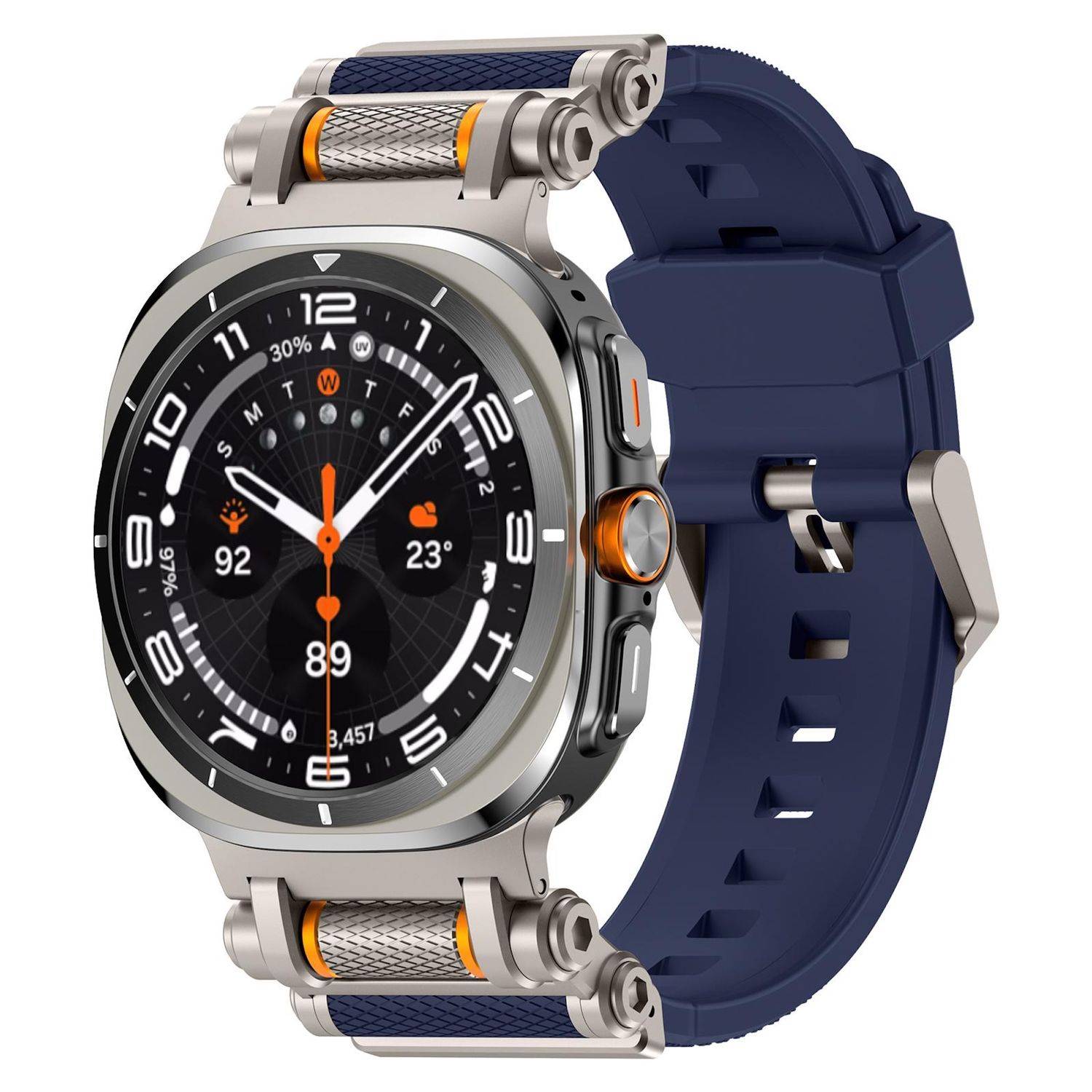 Silberne Smartwatch mit dunkelblauem Armband, zeigt ein schwarzes digitales Ziffernblatt mit Fitness- und Wetterkennzahlen auf weißem Hintergrund.