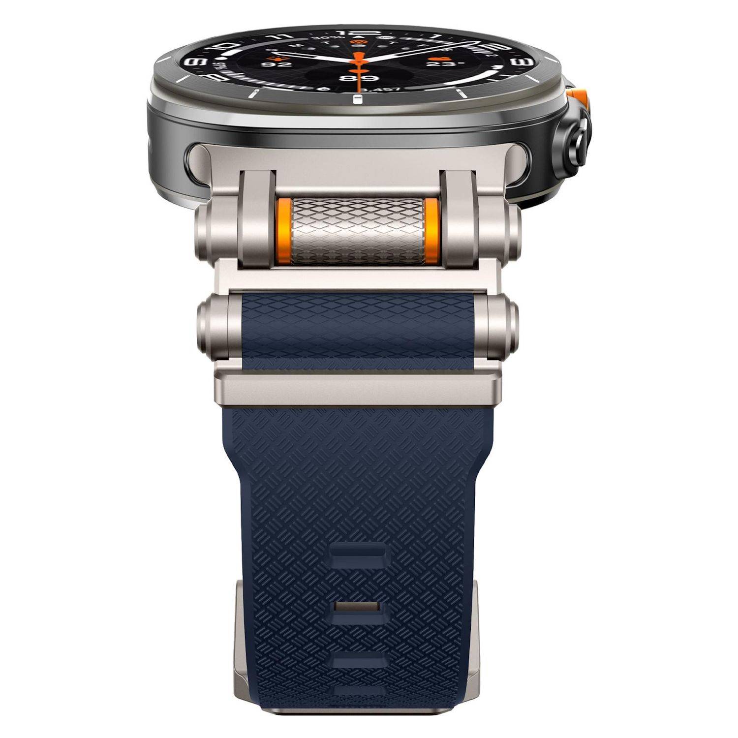 Seitenansicht einer Smartwatch mit schwarzem Kompass-Design-Zifferblatt, metallischem Gehäuse und dunkelblauem strukturiertem Armband.