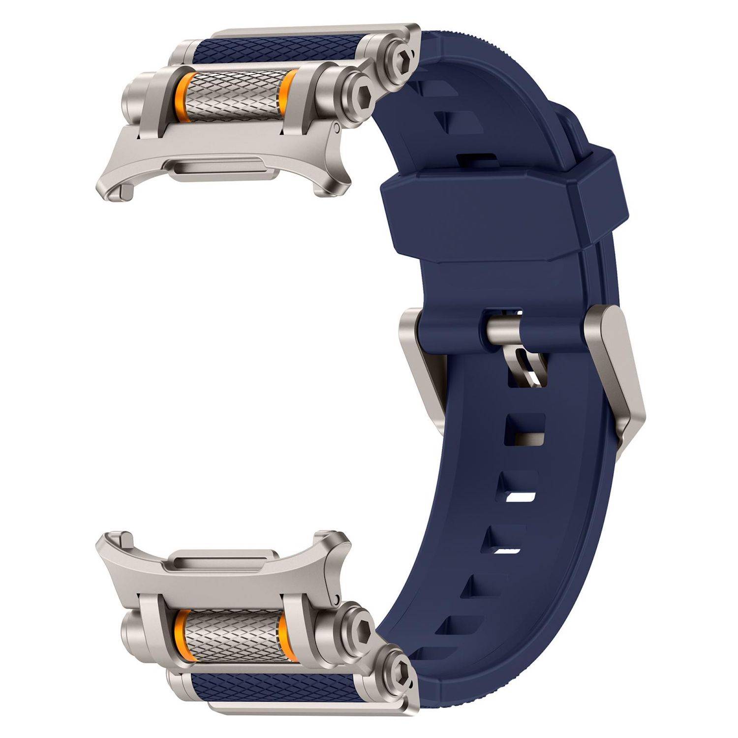 Blaues Smartwatch-Armband mit silberner Metallschließe und strukturierten Rollstil-Gliedern, isoliert auf weißem Hintergrund dargestellt.