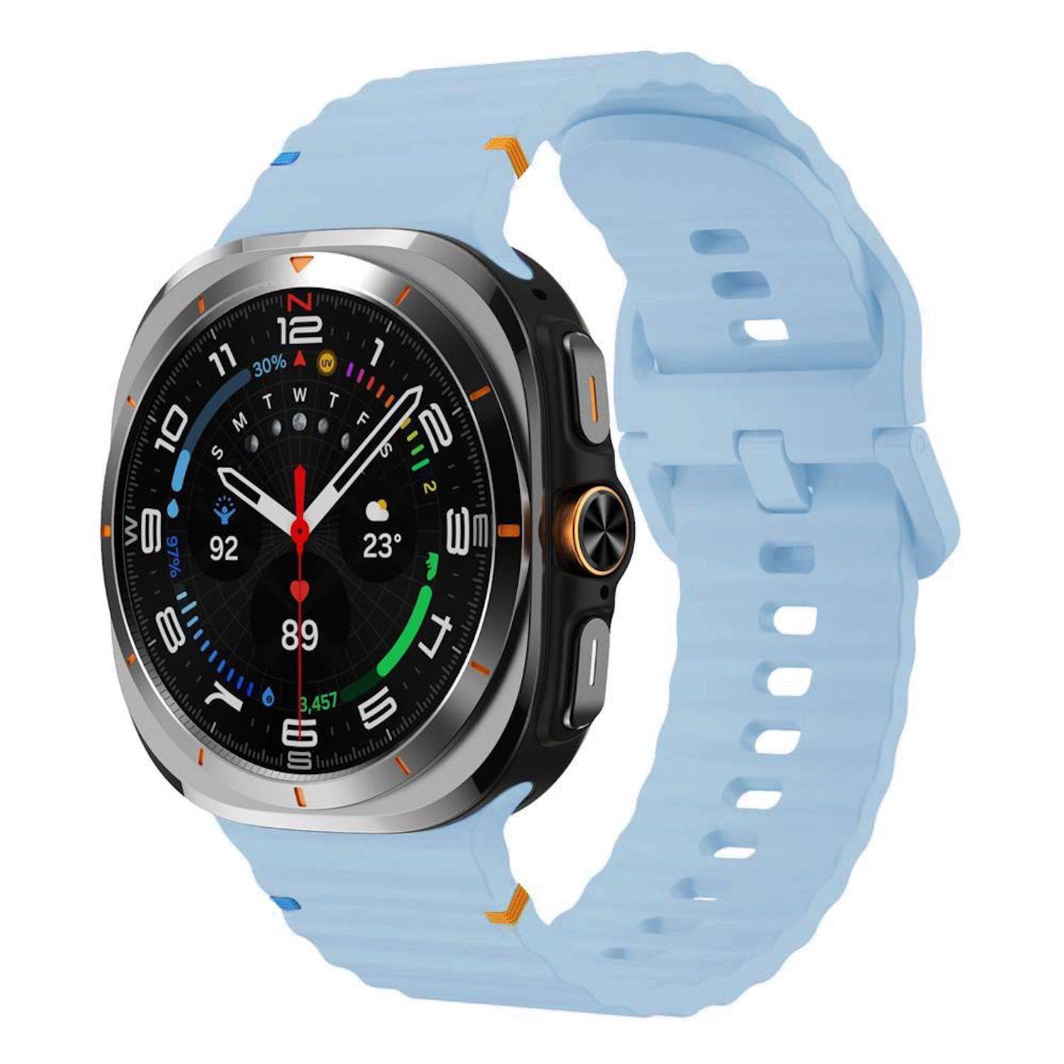 Schwarze Smartwatch mit rundem digitalem Display und hellblauem Armband, gezeigt in einer produktstilisierten Seitenansicht.