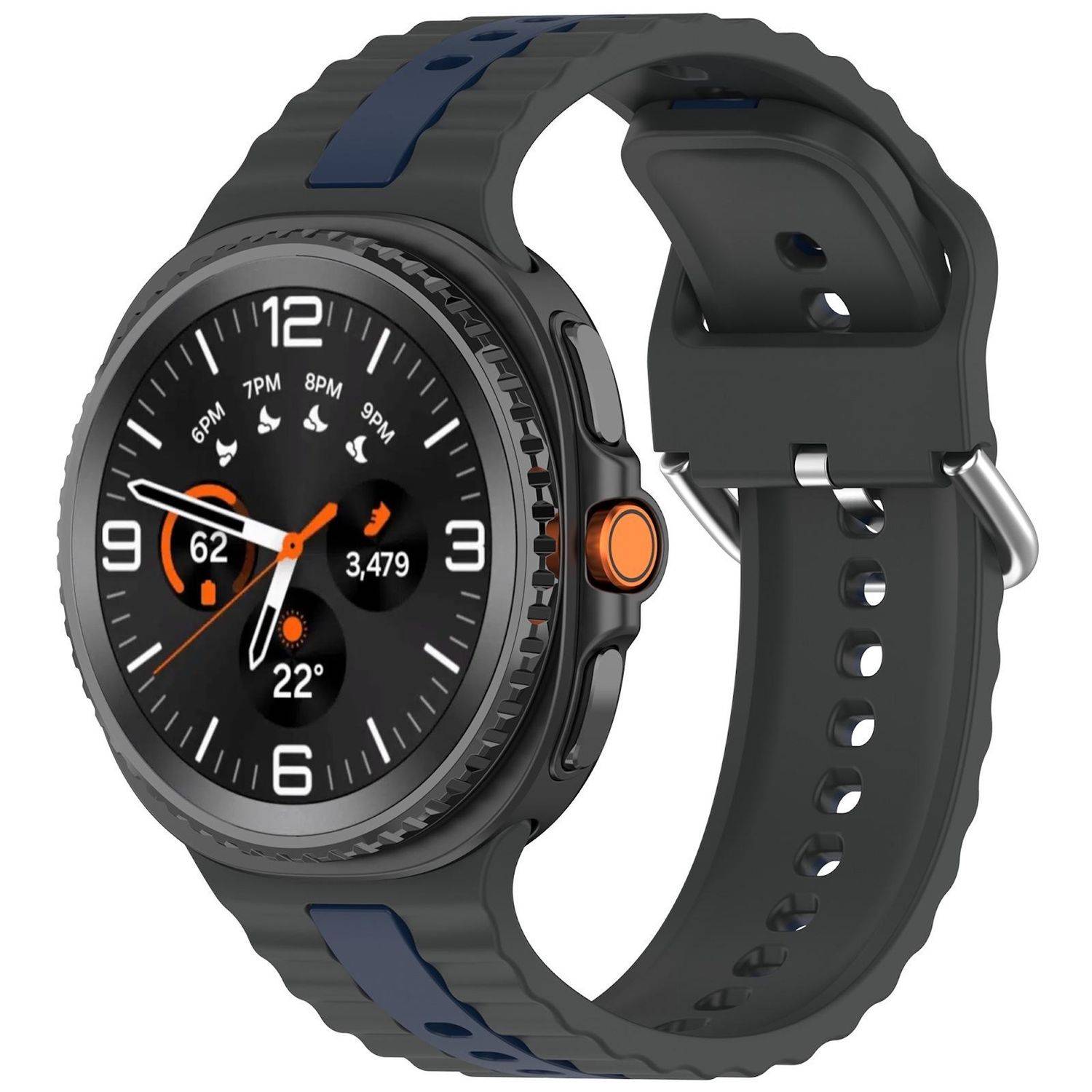 Schwarze runde Smartwatch mit orangenen Akzenten, zeigt digitales Ziffernblatt mit Uhrzeit, Schritten, Temperatur und Aktivitätssymbolen auf einem schwarzen Armband.