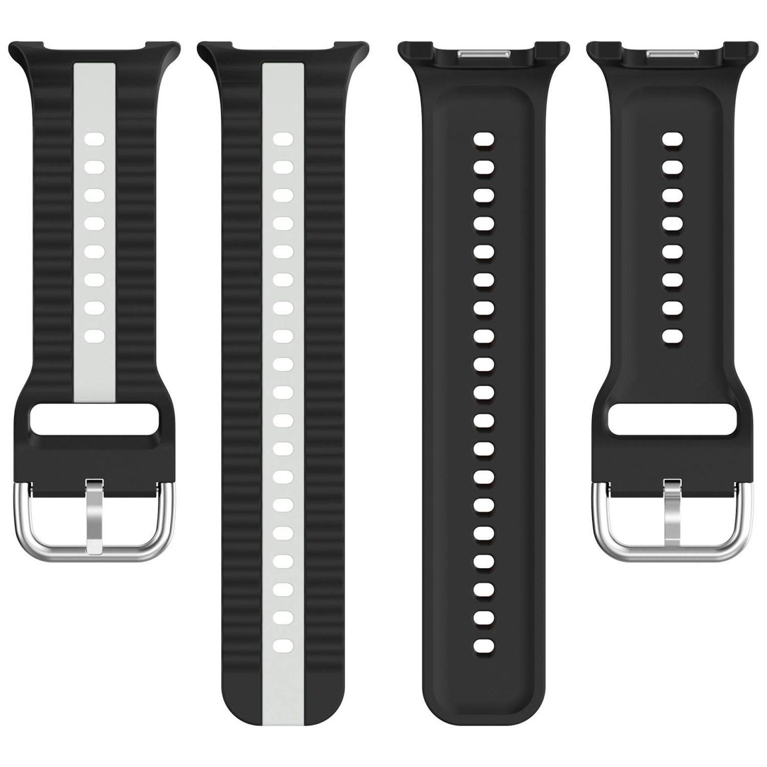 Vier schwarze Smartwatch-Armbänder von vorne und hinten gezeigt, mit silbernen/schwarzen Mittelstreifen, Belüftungslöchern und silbernen Schnallenverschlüssen.