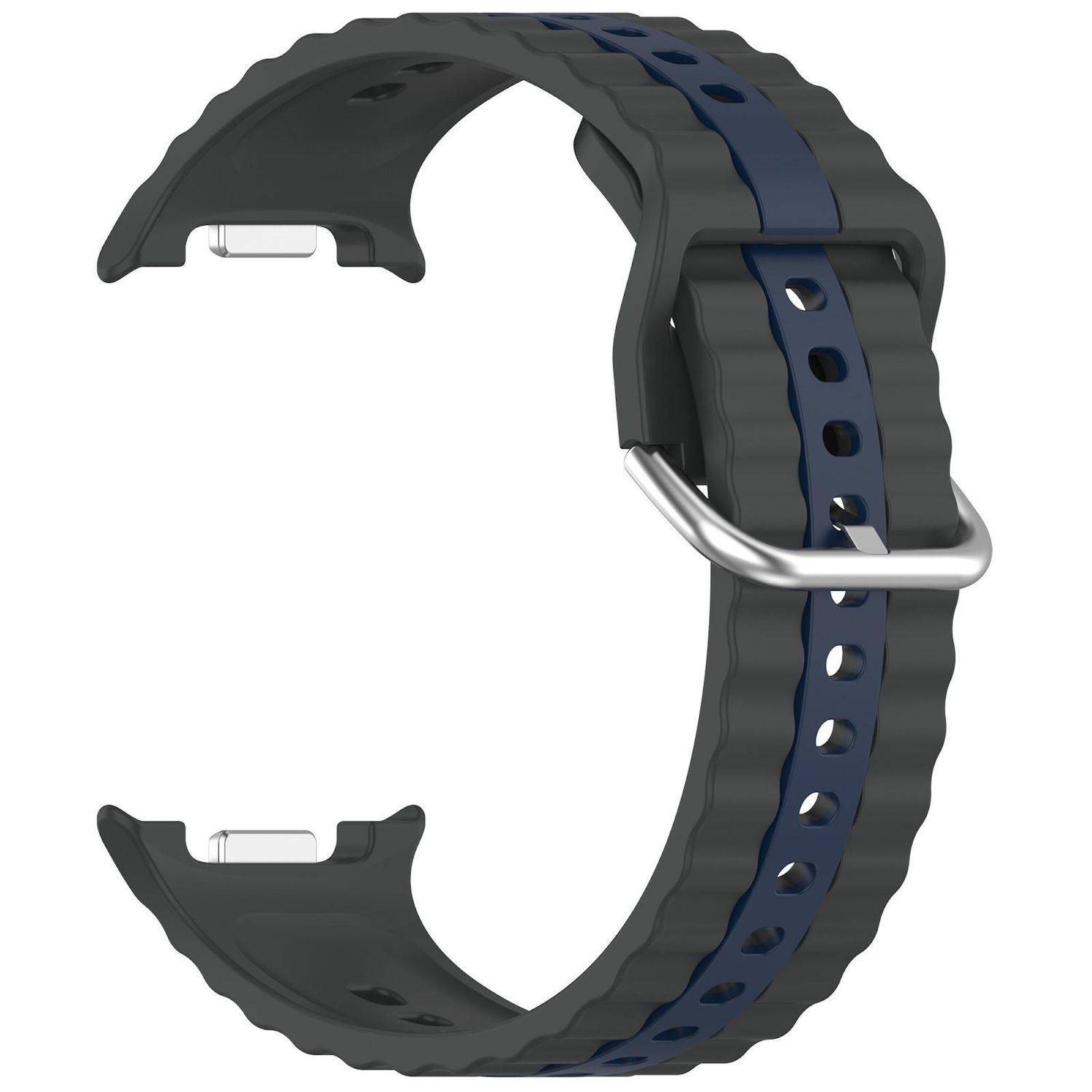 Schwarzes und blaues Uhrenarmband mit silberner Schnalle, isoliert auf weißem Hintergrund dargestellt.