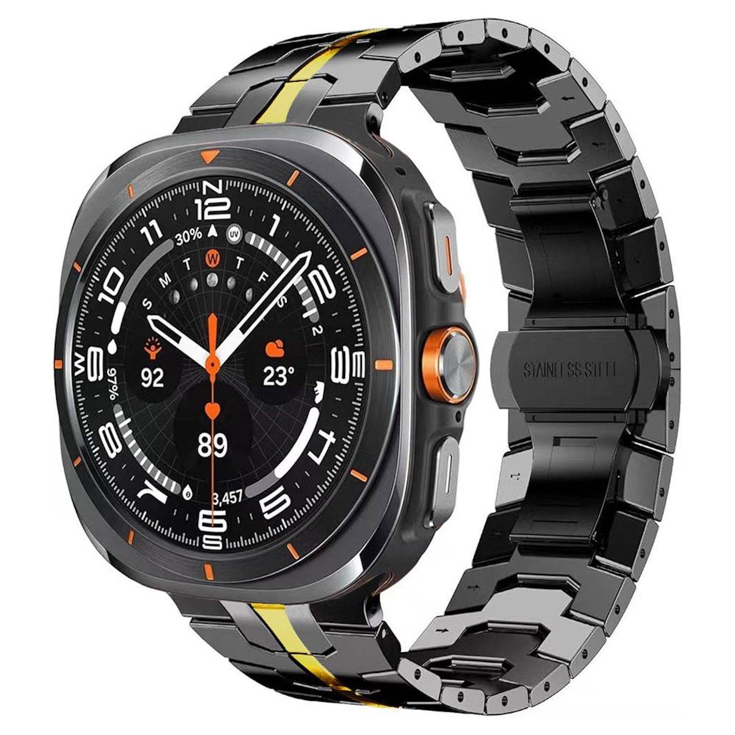 Schwarze quadratische Smartwatch mit Metallgliedband, Analog-Digital-Display, orangefarbenen Akzenten und angezeigten Gesundheits- und Wetterdaten.
