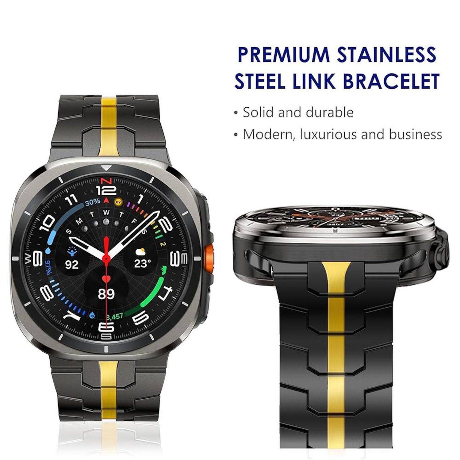 Werbebild einer Smartwatch mit einem hochwertigen Edelstahl-Gliedarmband, in Front- und Seitenansicht dargestellt, mit dem Text „HOCHWERTIGES EDELSTAHL-GLIEDARMBAND" und Aufzählungspunkten „Solide und langlebig"" und „Modern, luxuriös und geschäftstauglich"".