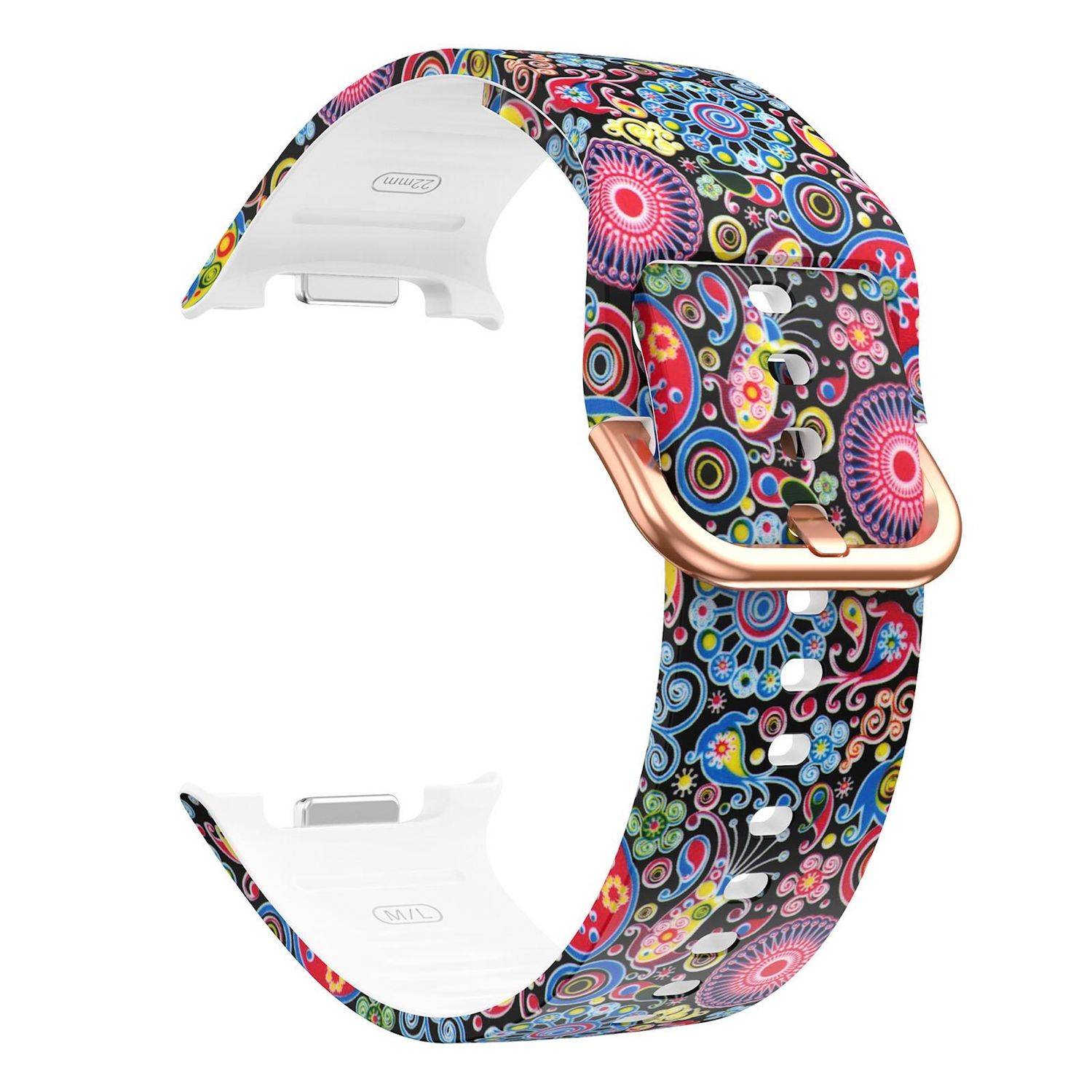 Farbenfrohe gemusterte Ersatz-Uhrenarmband mit weißen Verschlussverbindern und einer rosegoldfarbenen Schnalle auf weißem Hintergrund.