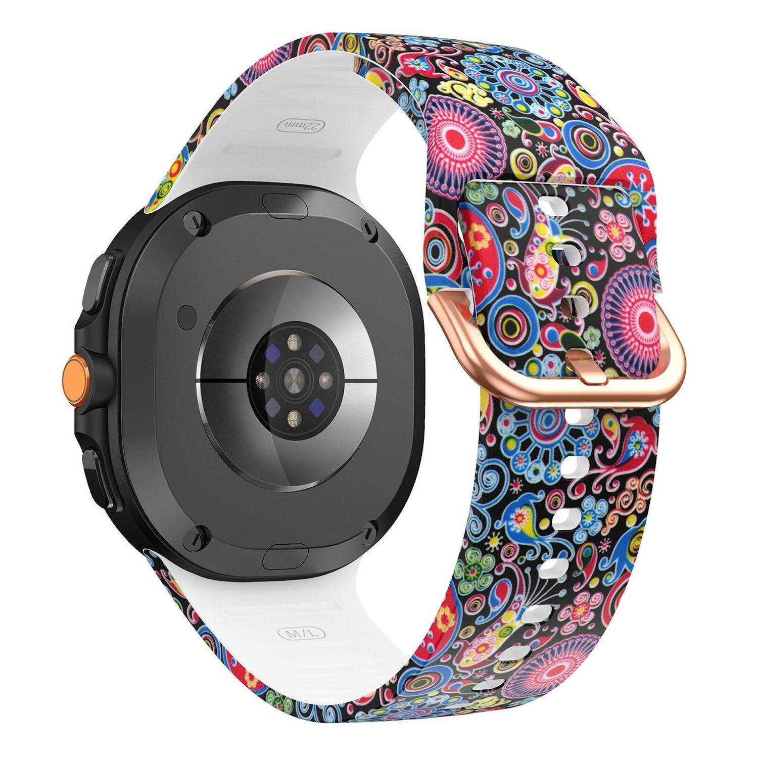 Smartwatch mit einem farbenfrohen blumenmustrigen Armband und rosegoldenem Verschluss, von hinten gezeigt mit Herzfrequenzsensor auf weißem Hintergrund.