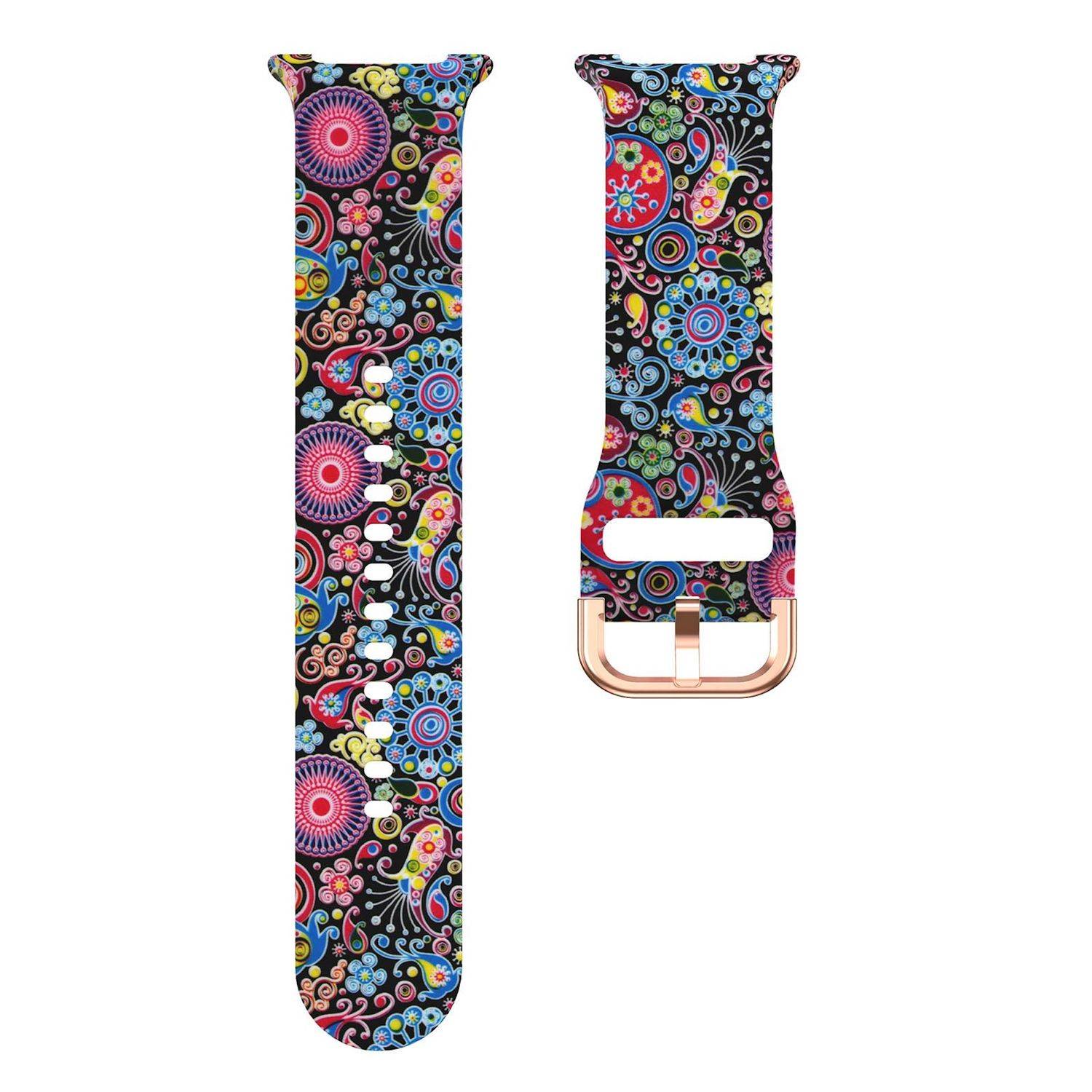 Smartwatch-Armband mit Blumenmuster, von vorne und hinten dargestellt, mit farbenfrohem Paisley-ähnlichem Druck und rosegoldener Schnalle.