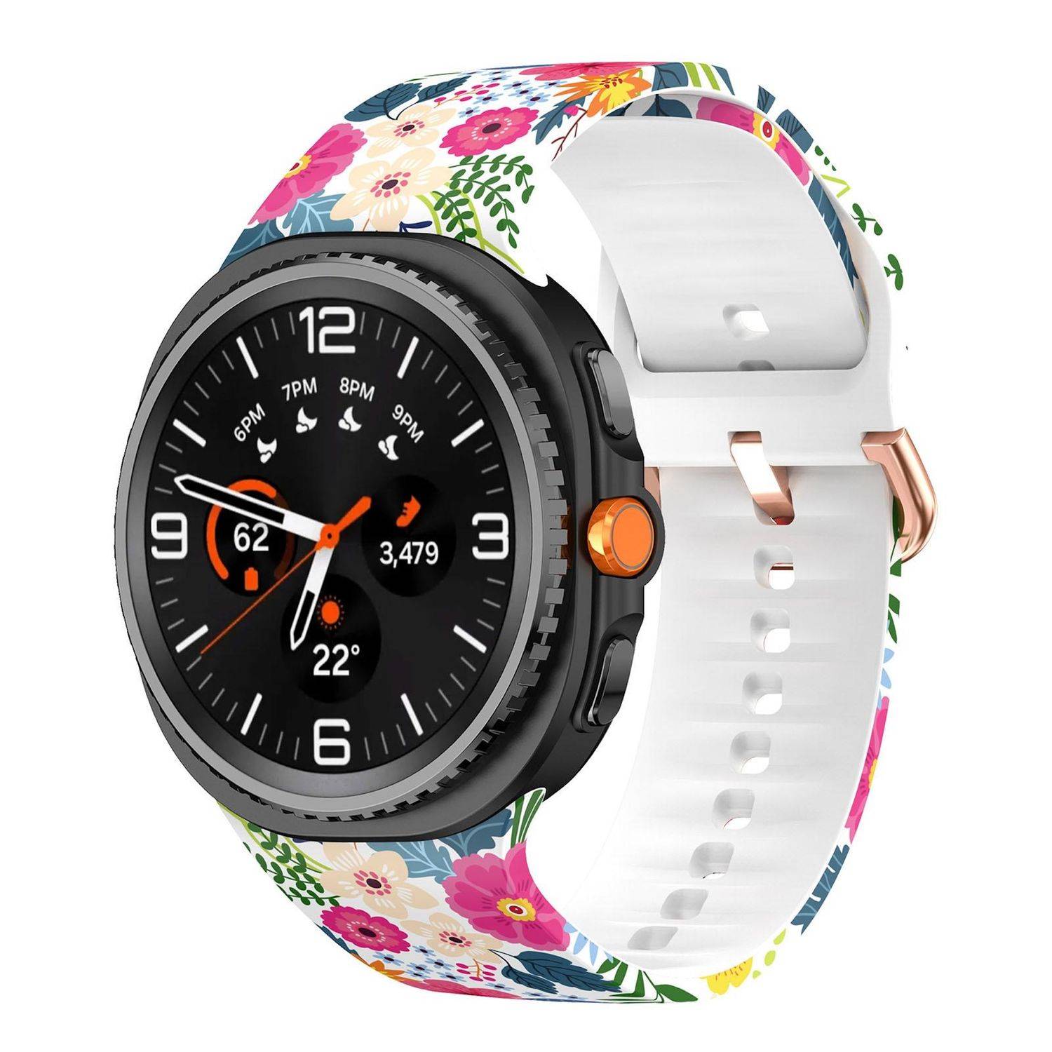 Smartwatch mit Blumenmuster und schwarzem rundem Zifferblatt, orangefarbener Seitentaste und weißem Armband mit rosegoldenem Schnallenverschluss, das Fitness-Statistiken auf dem Bildschirm anzeigt.