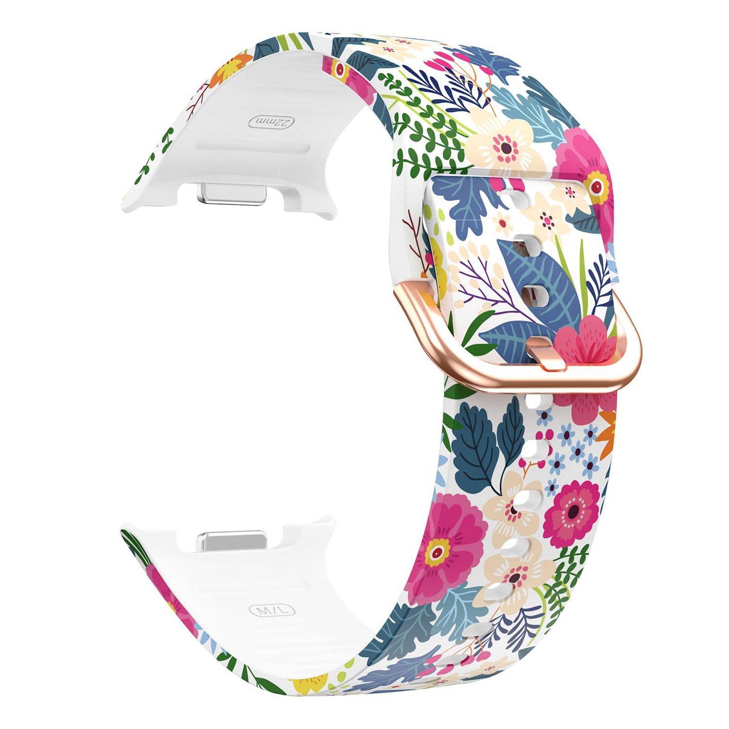 Blumenmusteriertes Apple-Watch-Armband mit weißer Schließe und Roségold-Steckverbinder, auf weißem Hintergrund abgebildet.