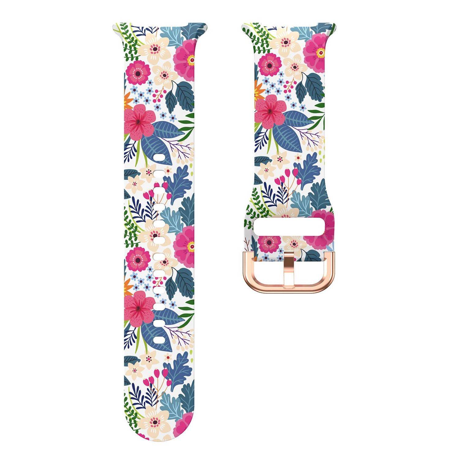 Zwei Smartwatch-Armbänder mit Blumenmuster in unterschiedlichen Längen, eines mit rosegoldenem Schnallenverschluss.