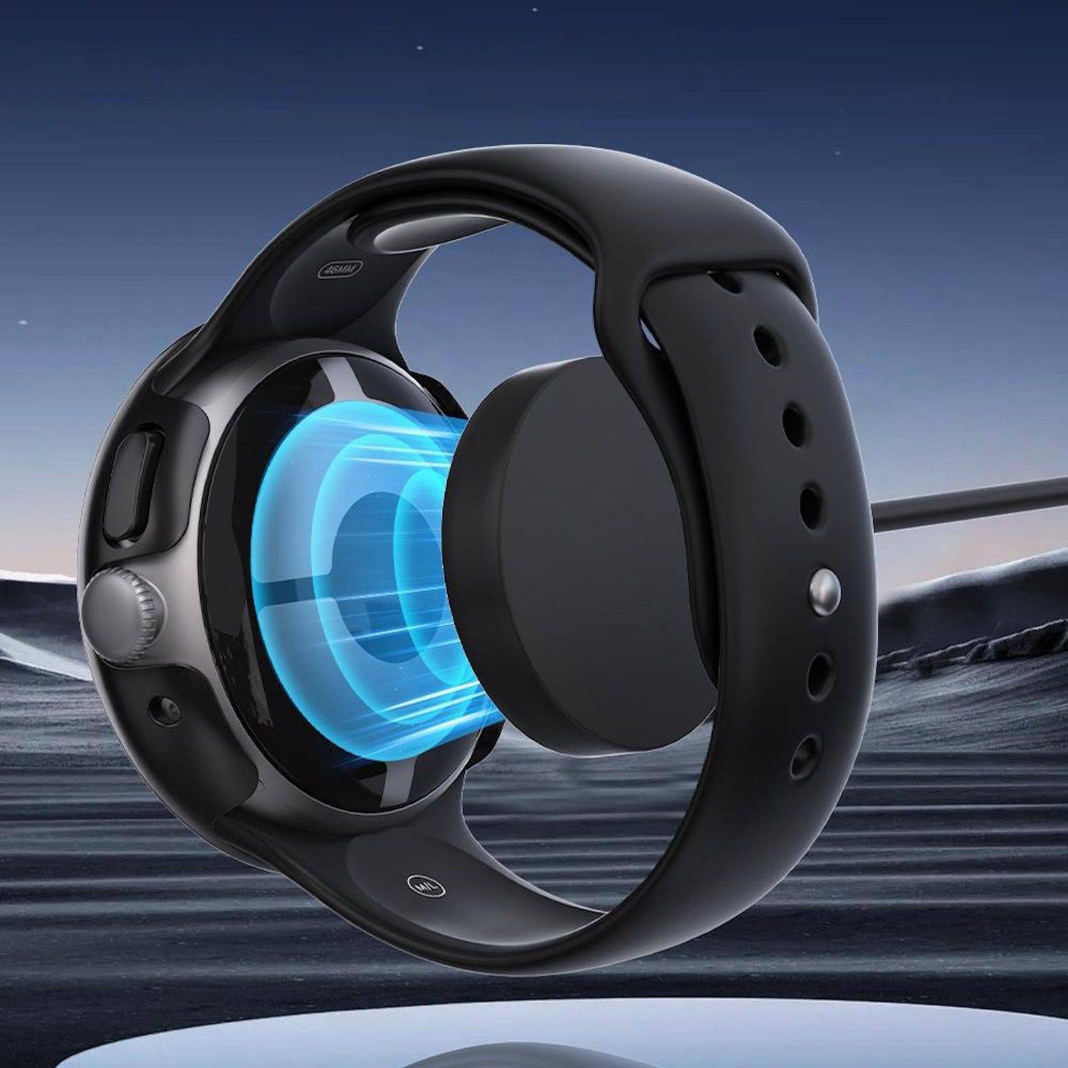 Schwarze Smartwatch mit blau leuchtendem magnetischem Lademodul, das abgelöst daneben vor dunklem, futuristischem Hintergrund abgebildet ist.