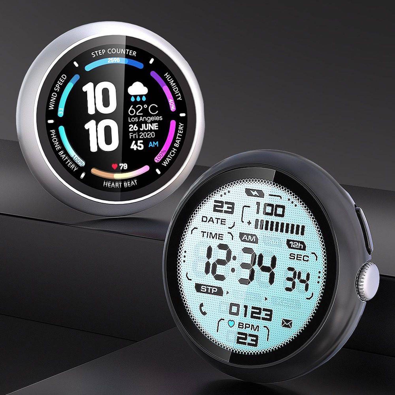 Zwei nebeneinander angeordnete Smartwatches, die digitale Zifferblätter mit Uhrzeit, Datum, Wetter, Schrittanzahl, Herzfrequenz und Batterieindikatoren anzeigen.