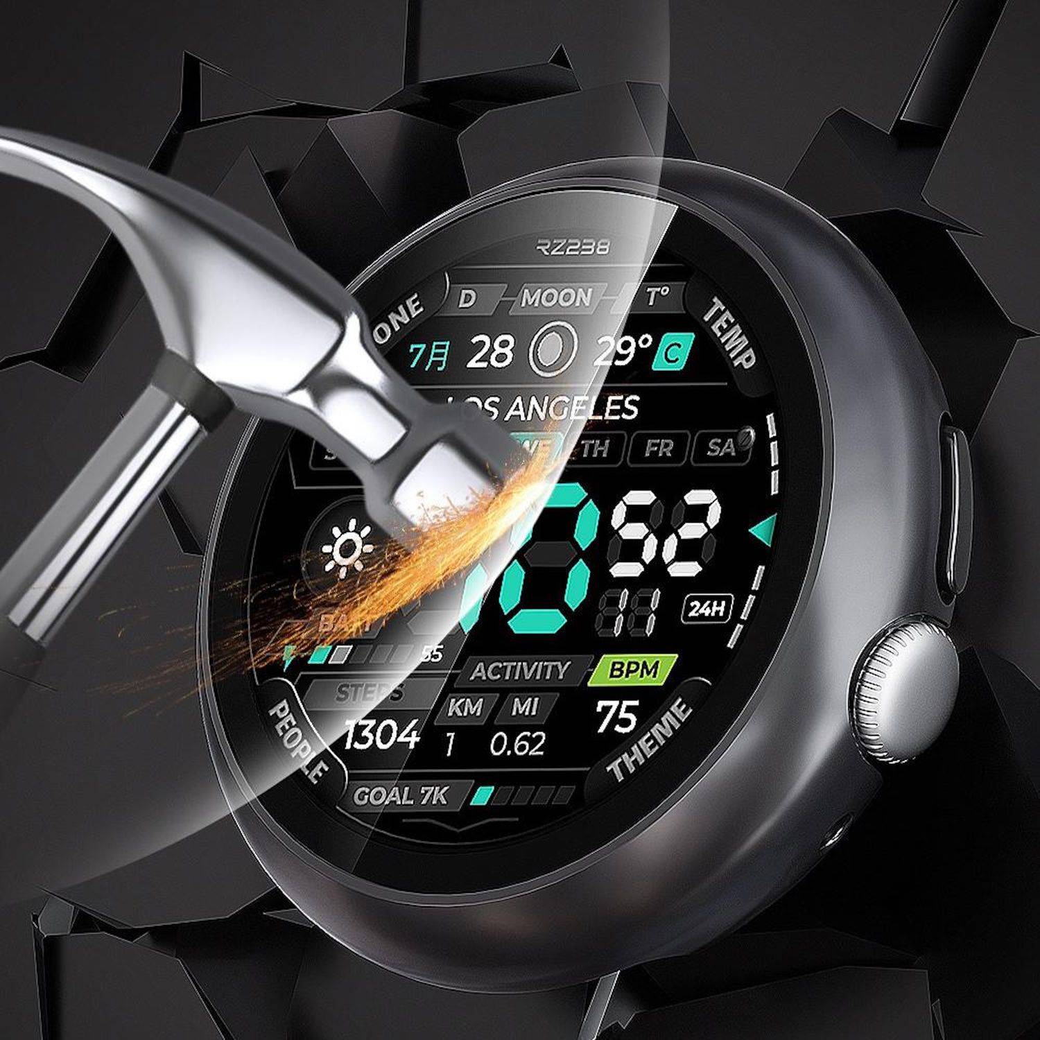 Hammer schlägt auf ein Smartwatch-Display und zeigt eine digitale Uhranzeige mit Datum, Temperatur, Uhrzeit, Aktivität, Schritte und Herzfrequenz.
