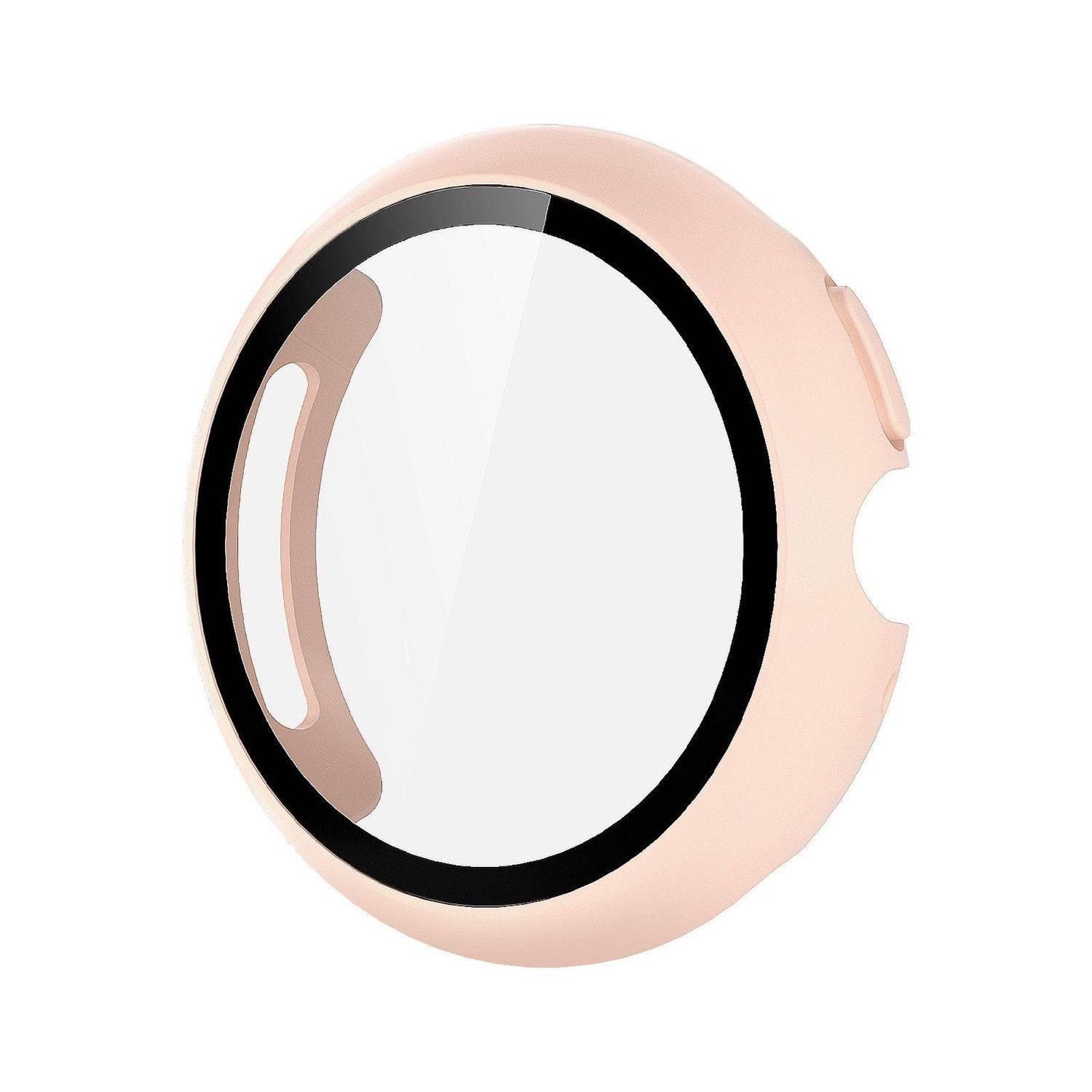 Rosa runde Smartwatch-Schutzhülle mit schwarzem Rand und seitlichen Ausschnitten auf weißem Hintergrund.