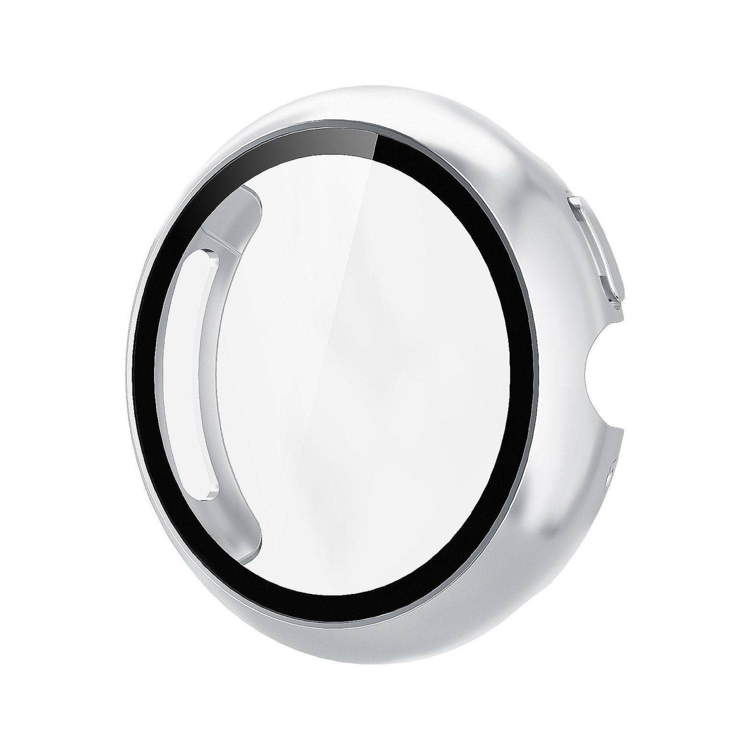 Silbernes rundes Smartwatch-Gehäuse mit schwarzer Lünette und offenen Schlitzen für Tasten, isoliert auf weißem Hintergrund dargestellt.