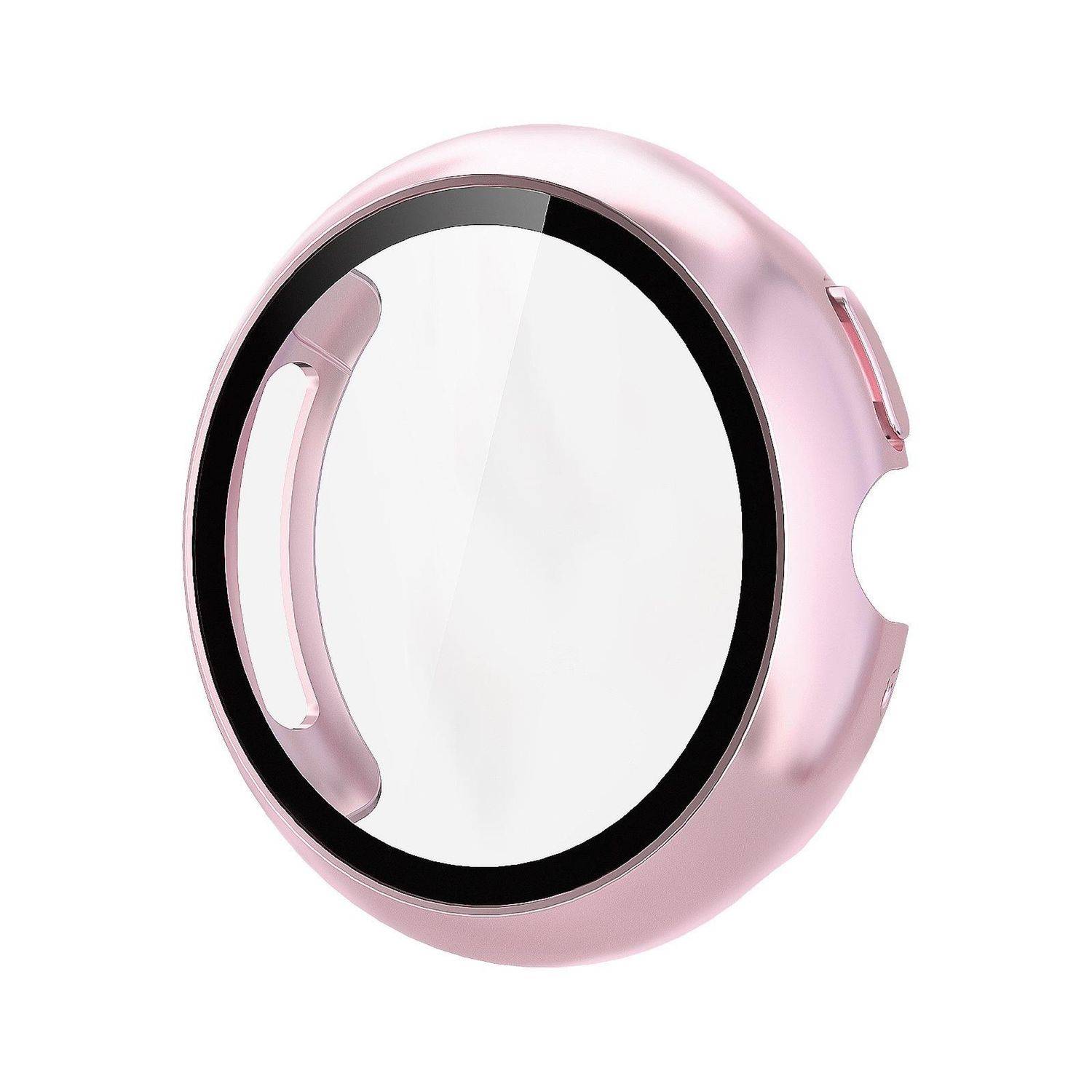 Rosa schützende Smartwatch-Hülle mit transparentem Frontbildschirm und seitlichen Ausschnitten, dargestellt auf weißem Hintergrund.
