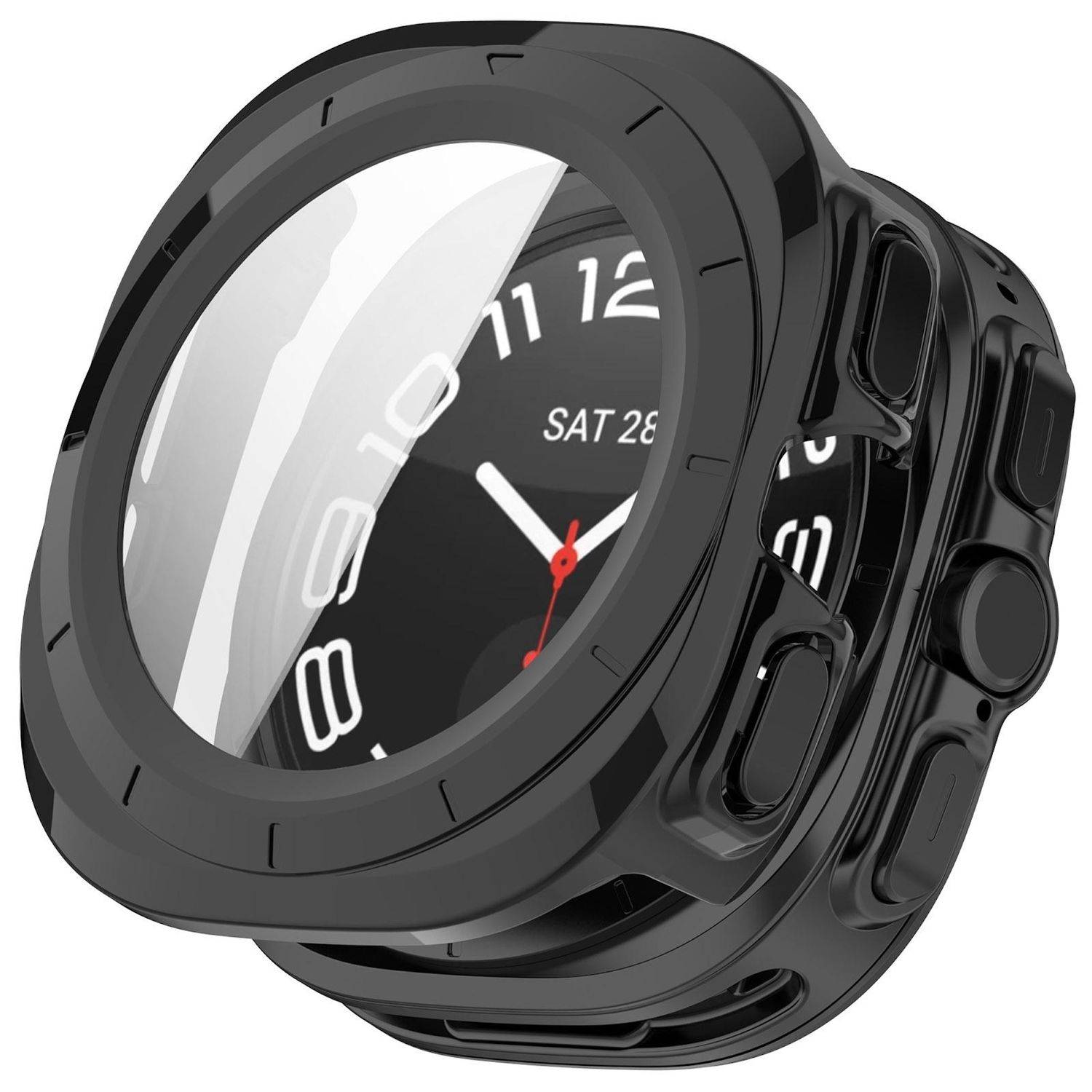 Schwarze robuste Smartwatch mit großem rundem Zifferblatt, schwarzer Lünette, Seitentasten und digitaler Tag-/Datumsanzeige