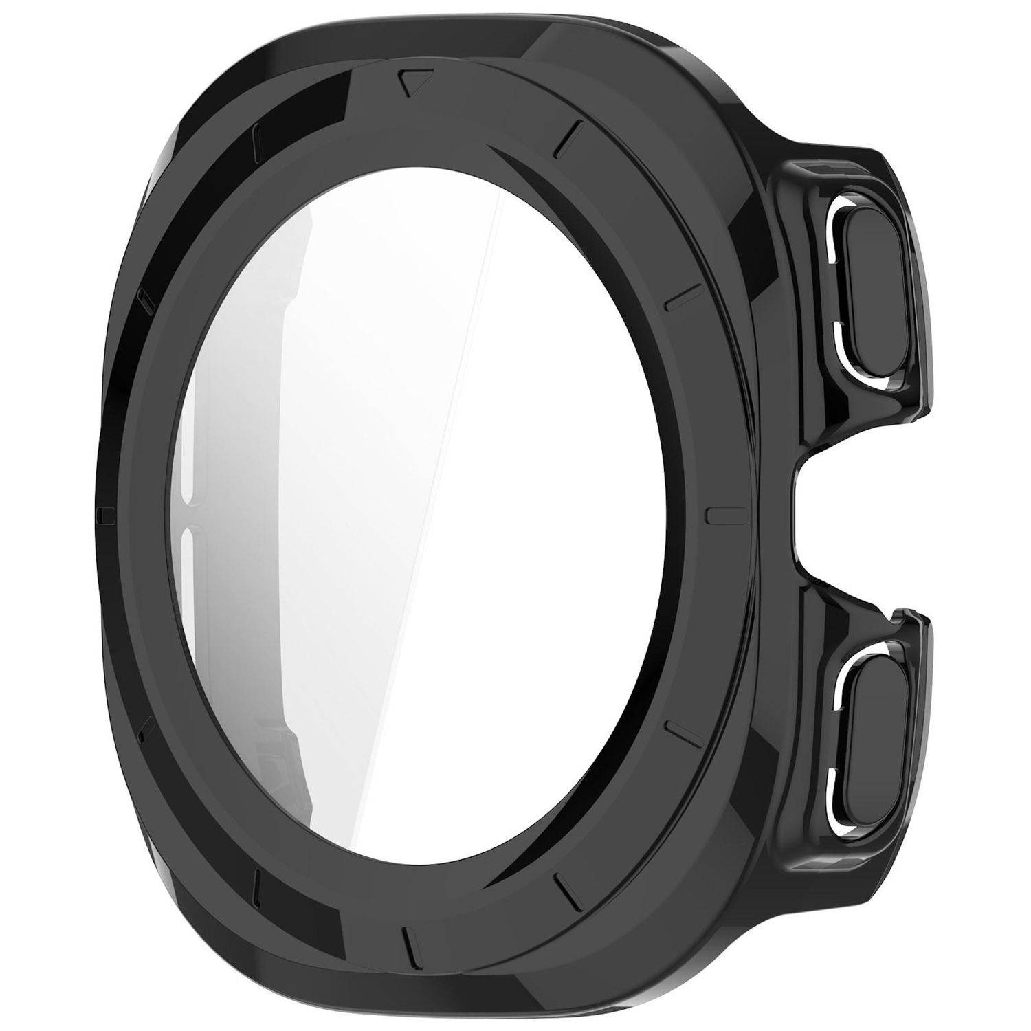 Glänzend schwarze Schutzhülle für eine runde Smartwatch mit erhöhtem Lünettenschutz und Seitentastenschutzkappen.