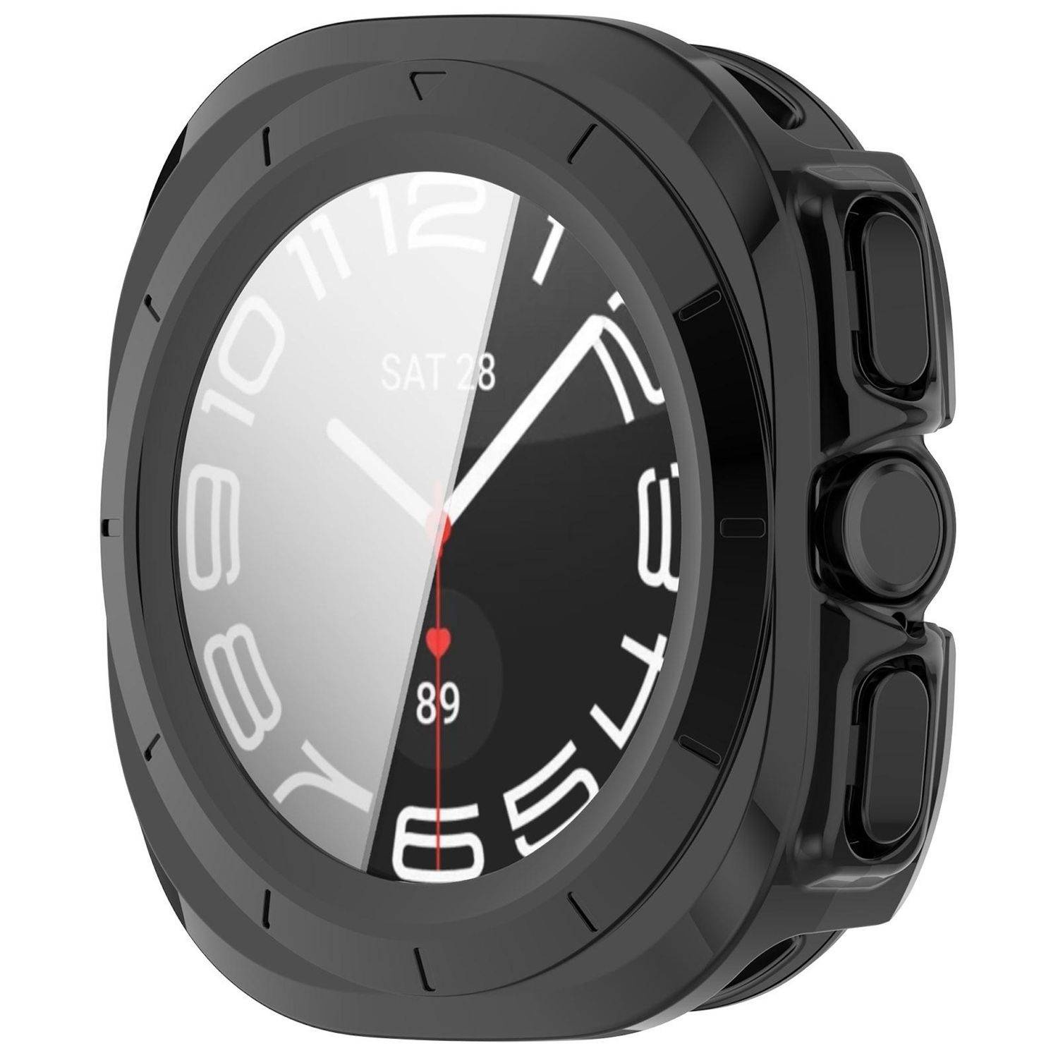 Schwarze runde Smartwatch mit digitalem Analogzifferblatt, Datum "SA 28"" und Herzfrequenz ""89"" angezeigt, in schräger Ansicht gezeigt.